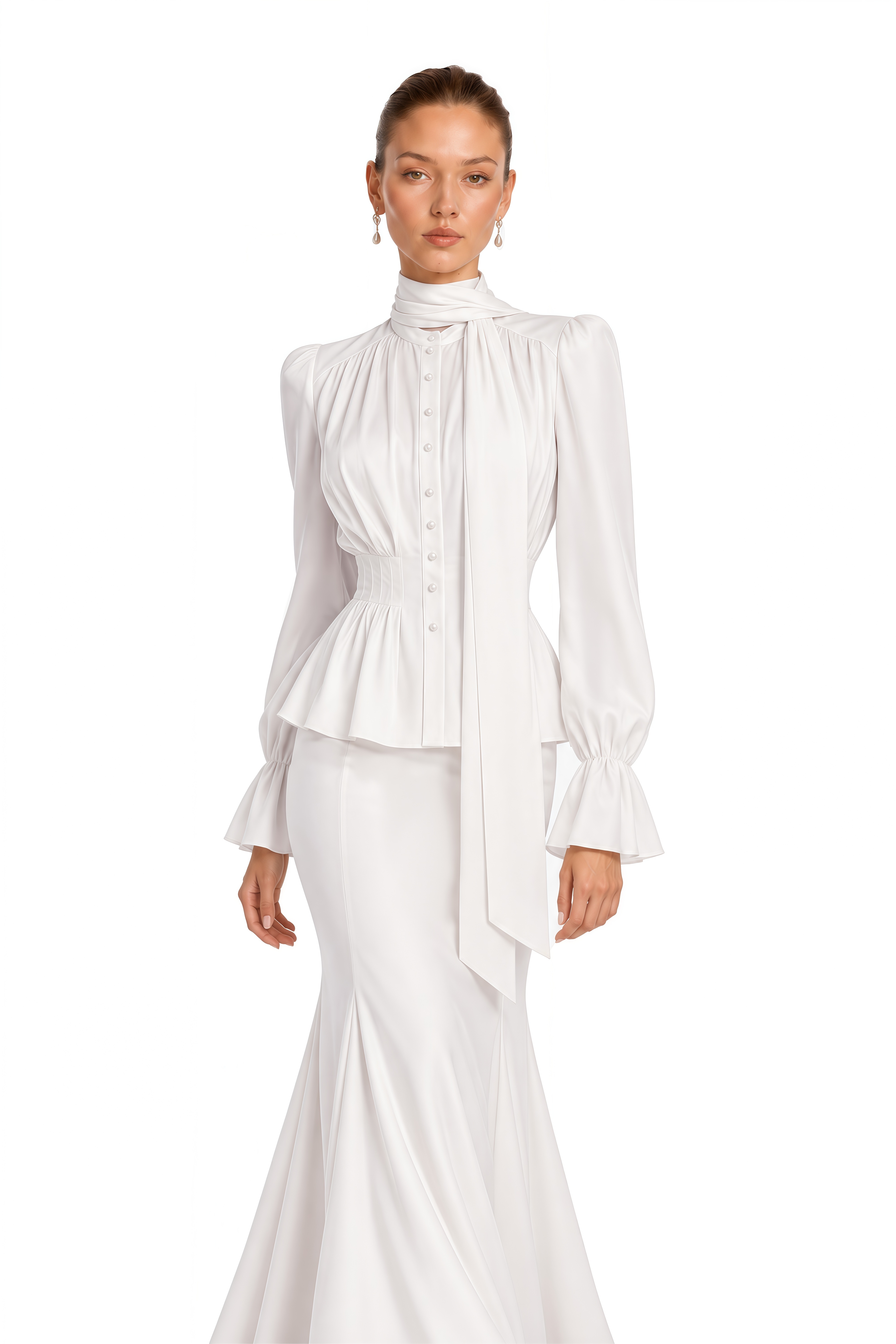 Noemi White Tie-Neck Peplum Blouse & Mermaid Skirt Set