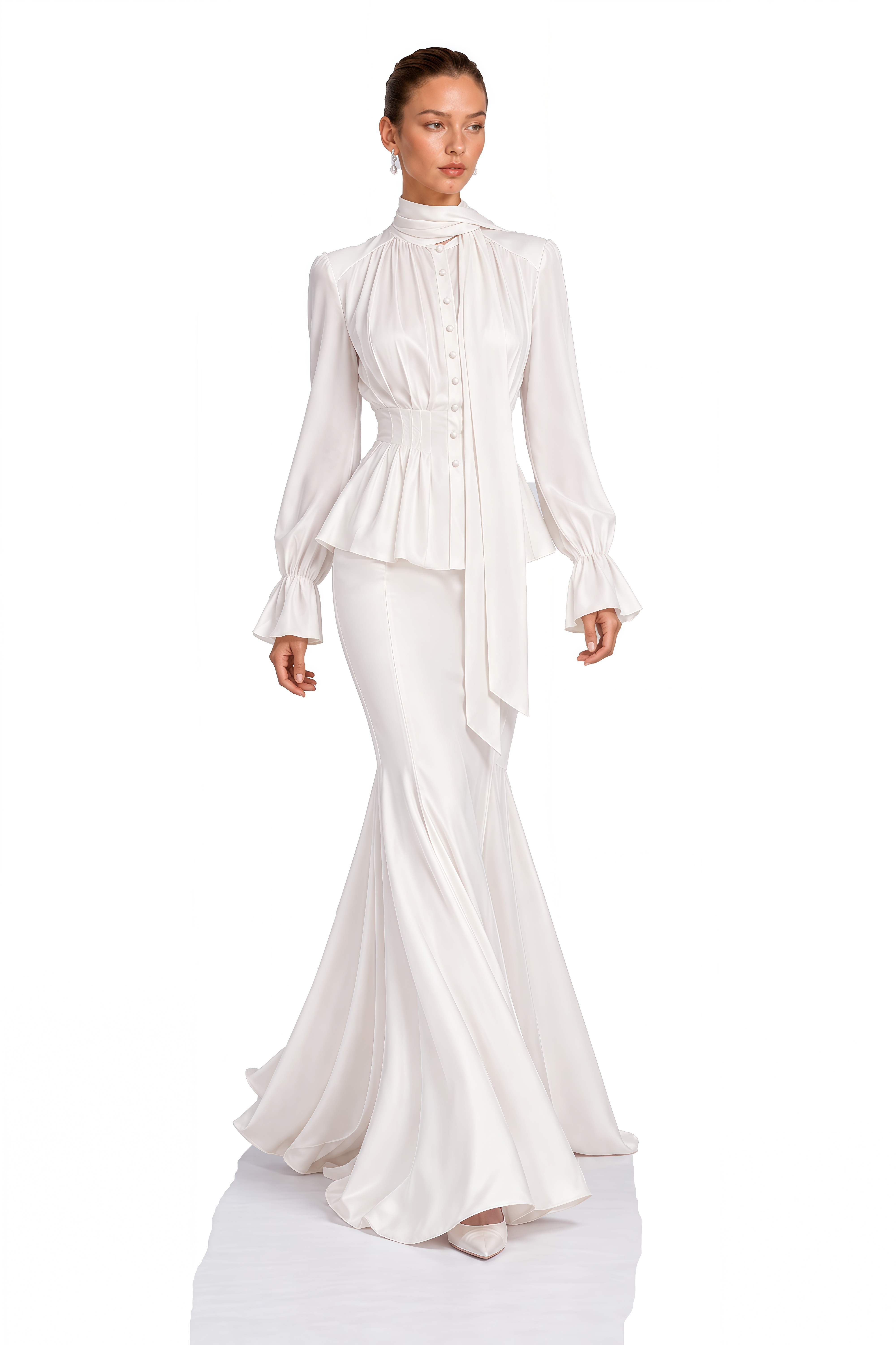 Noemi White Tie-Neck Peplum Blouse & Mermaid Skirt Set