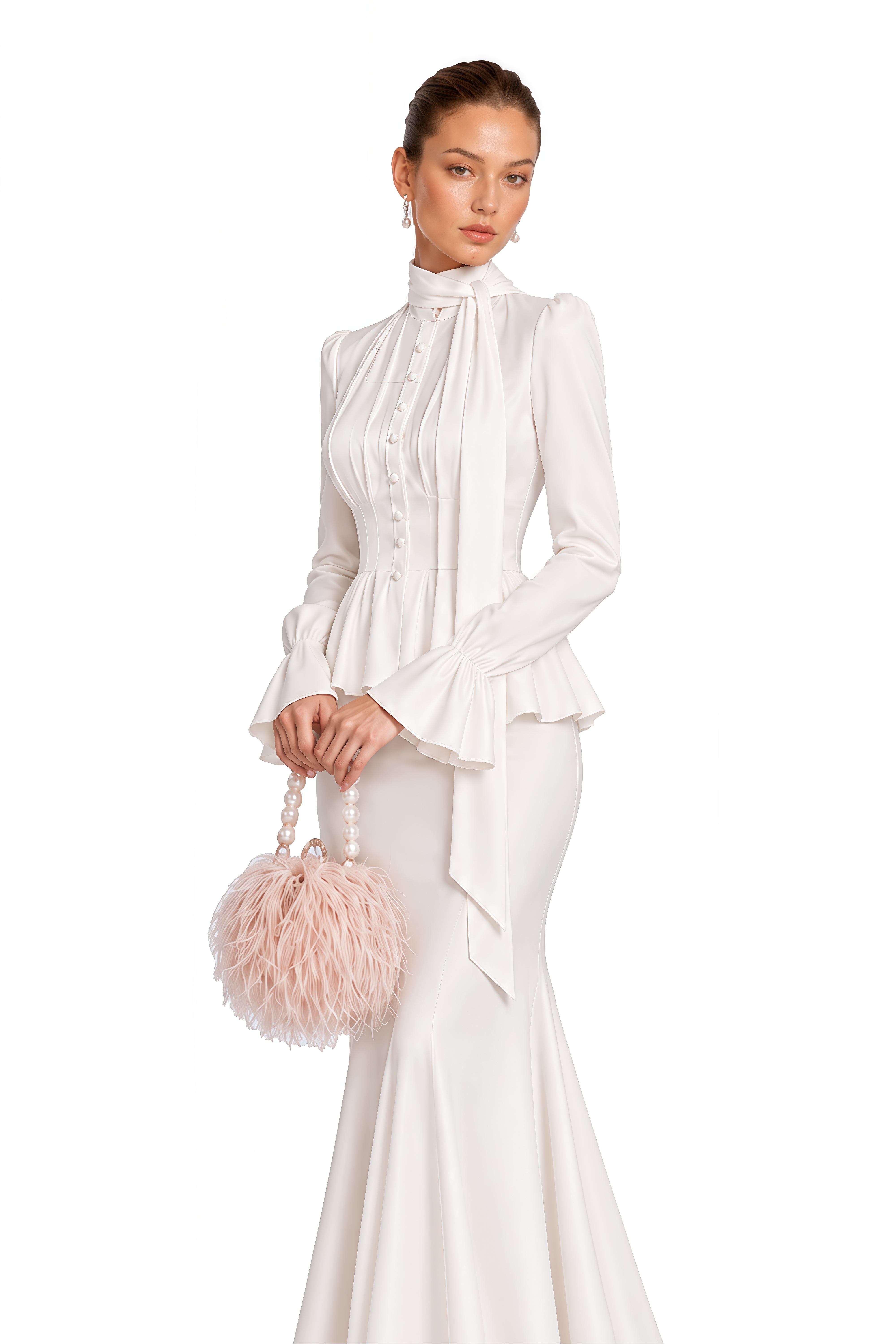 Noemi White Tie-Neck Peplum Blouse & Mermaid Skirt Set