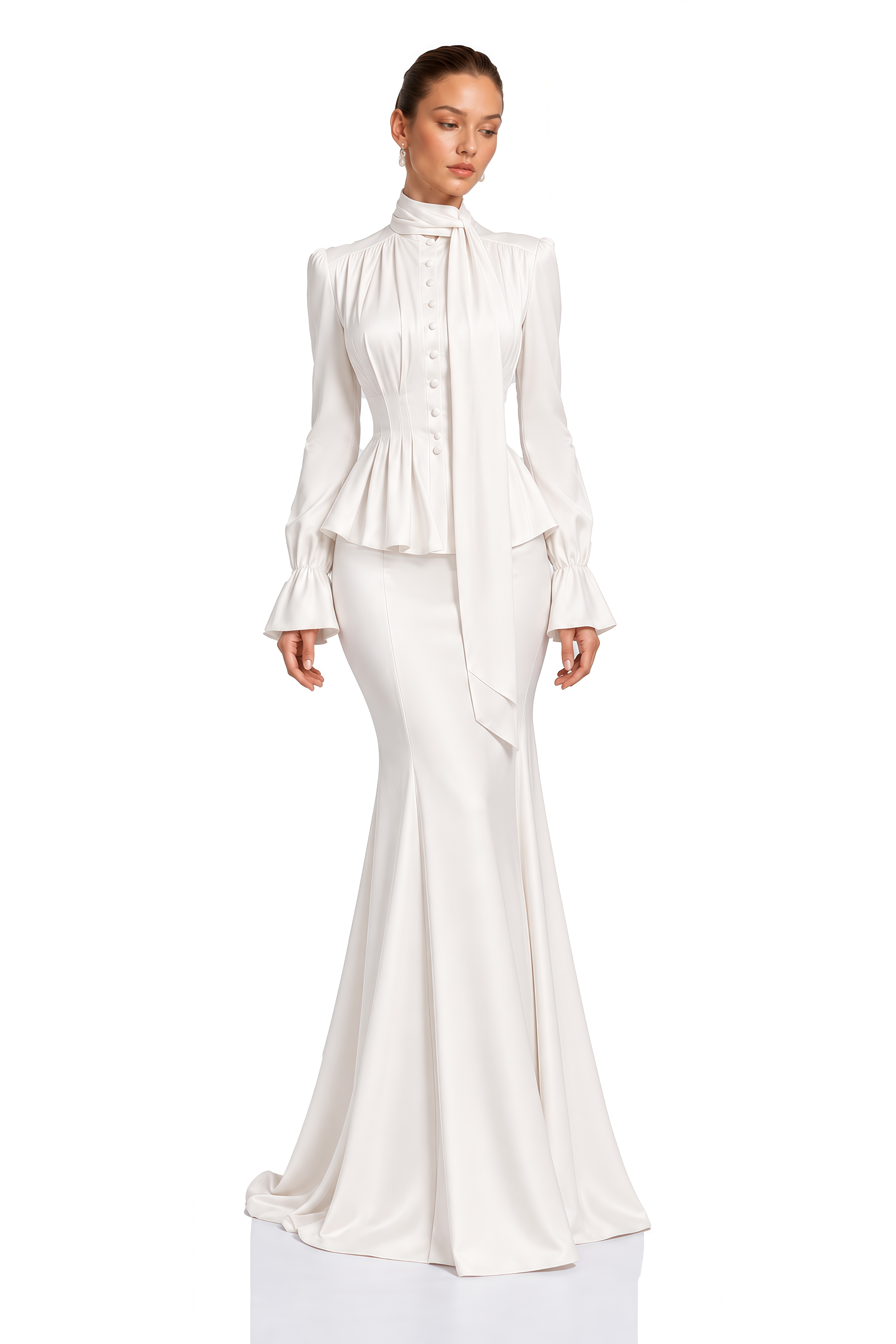 Noemi White Tie-Neck Peplum Blouse & Mermaid Skirt Set