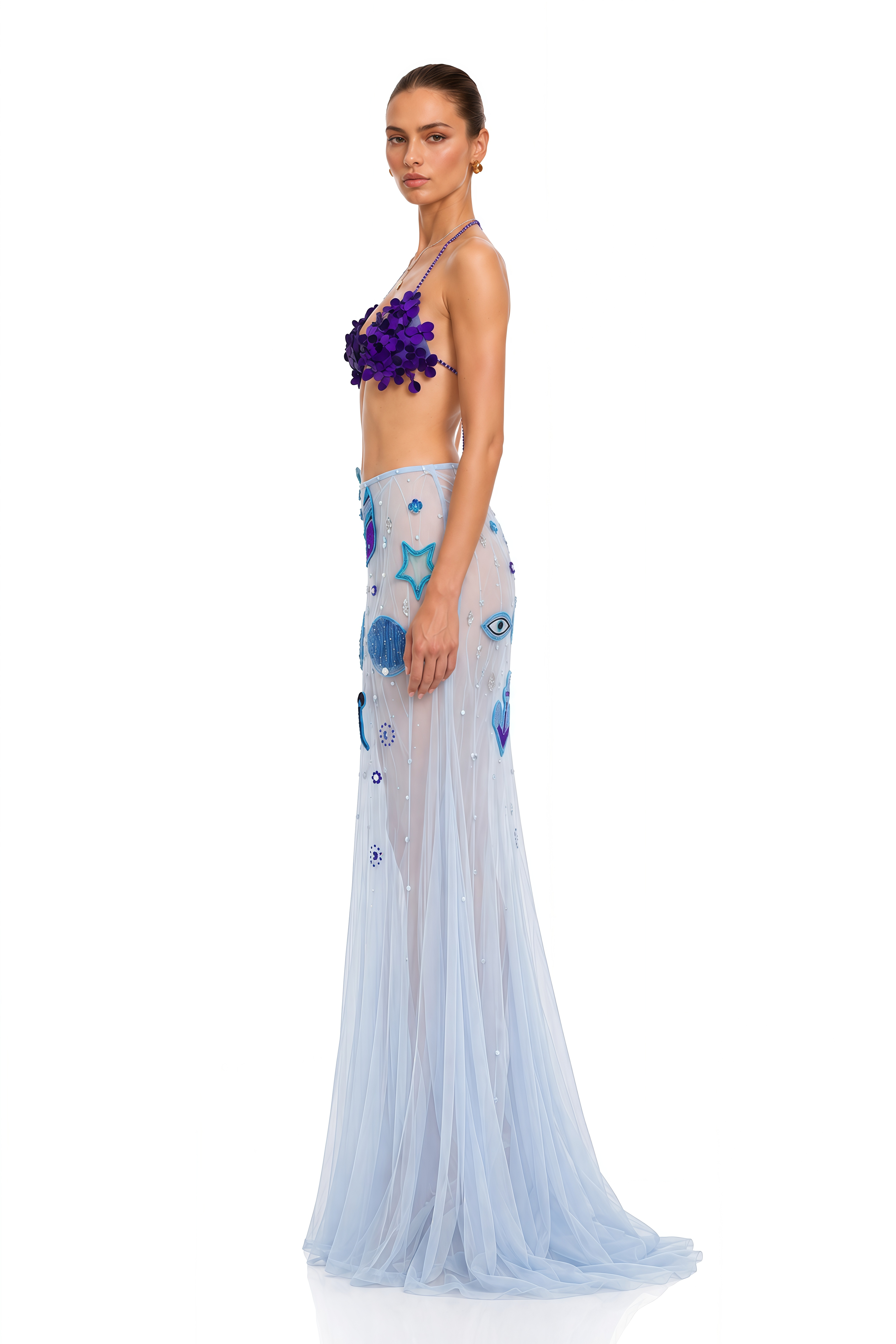 Nola Blue Embellished Halterneck Top & Maxi Skirt Set