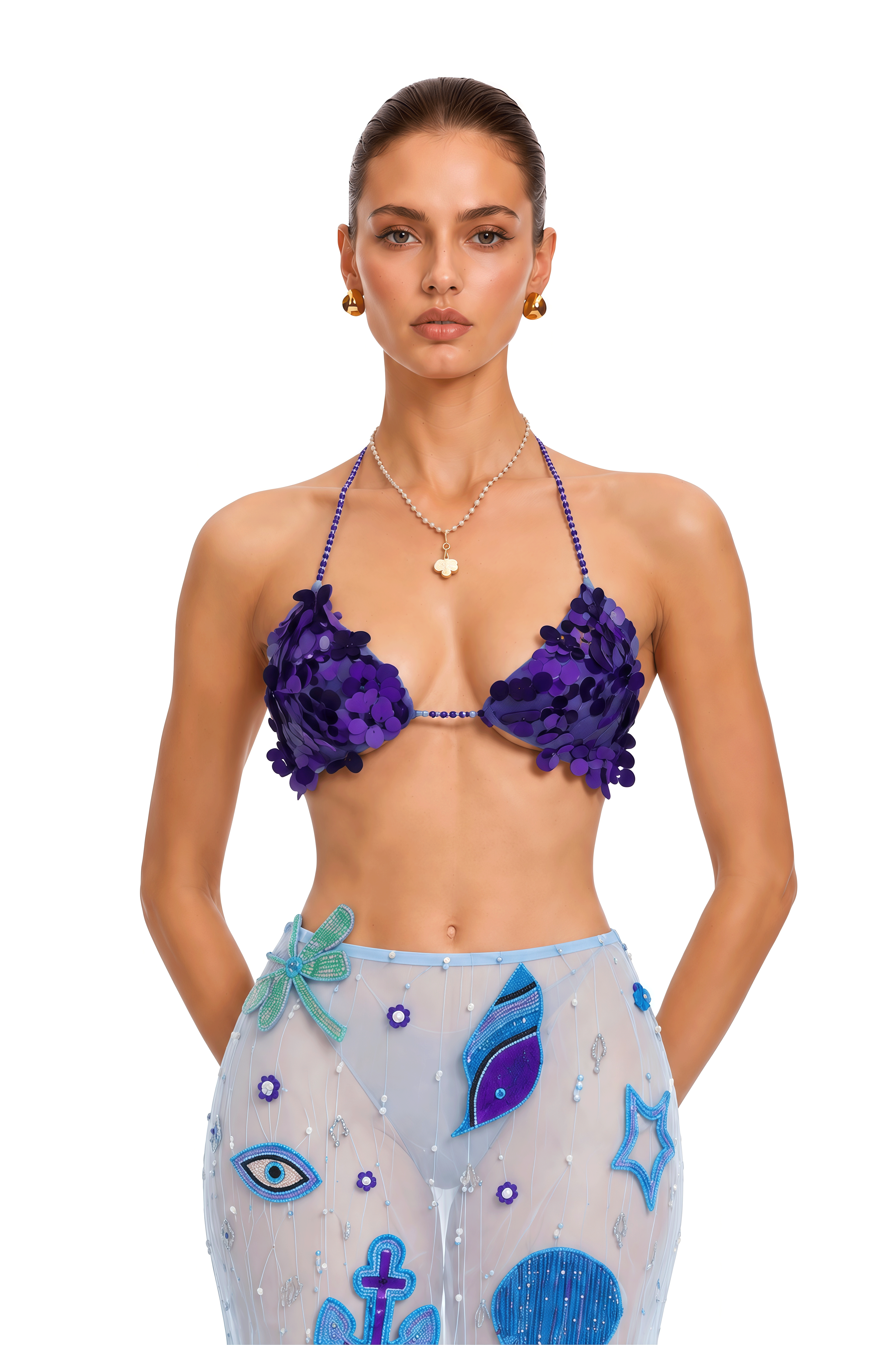 Nola Blue Embellished Halterneck Top & Maxi Skirt Set
