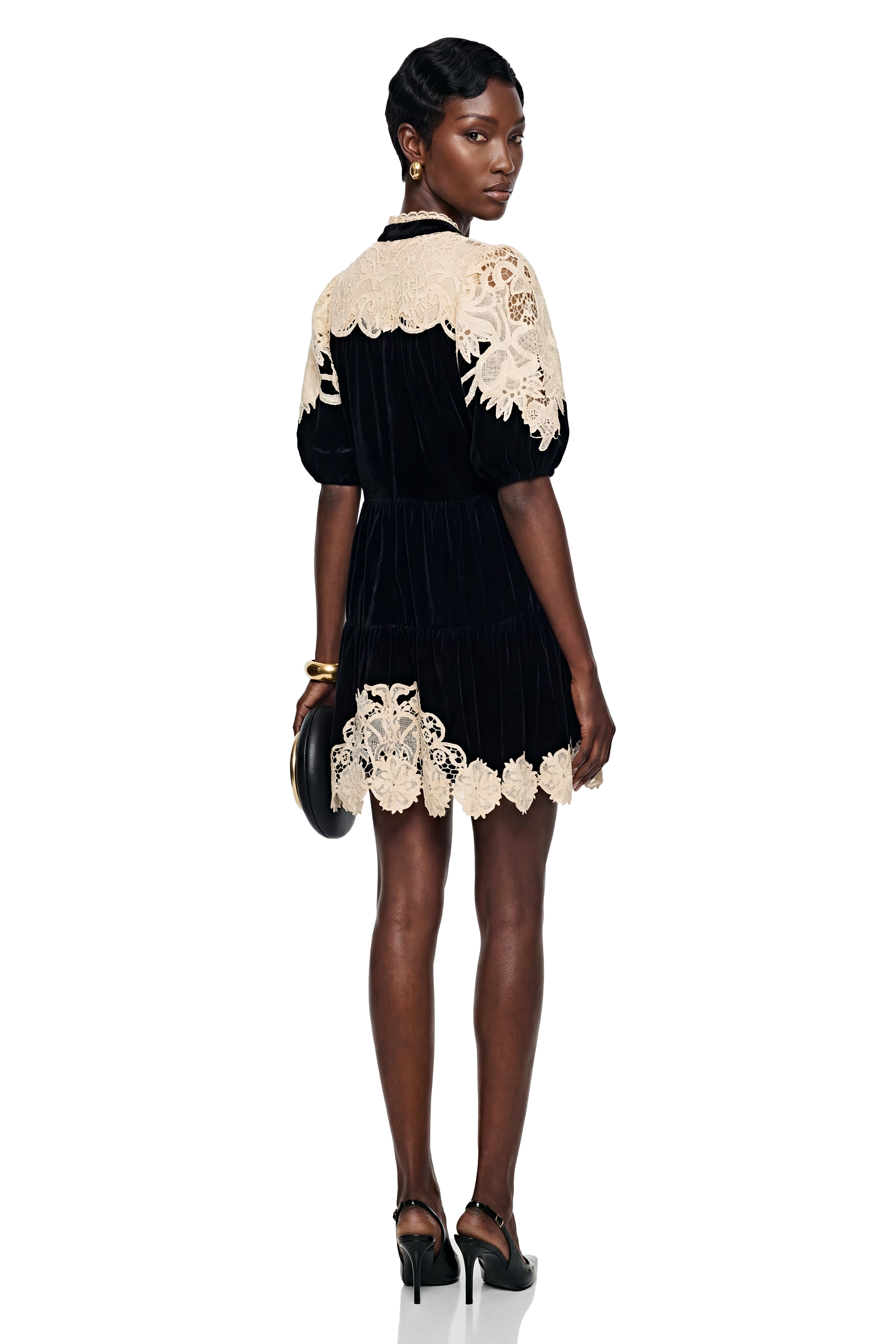 Nora Black Velvet Mini Dress with Lace Panels
