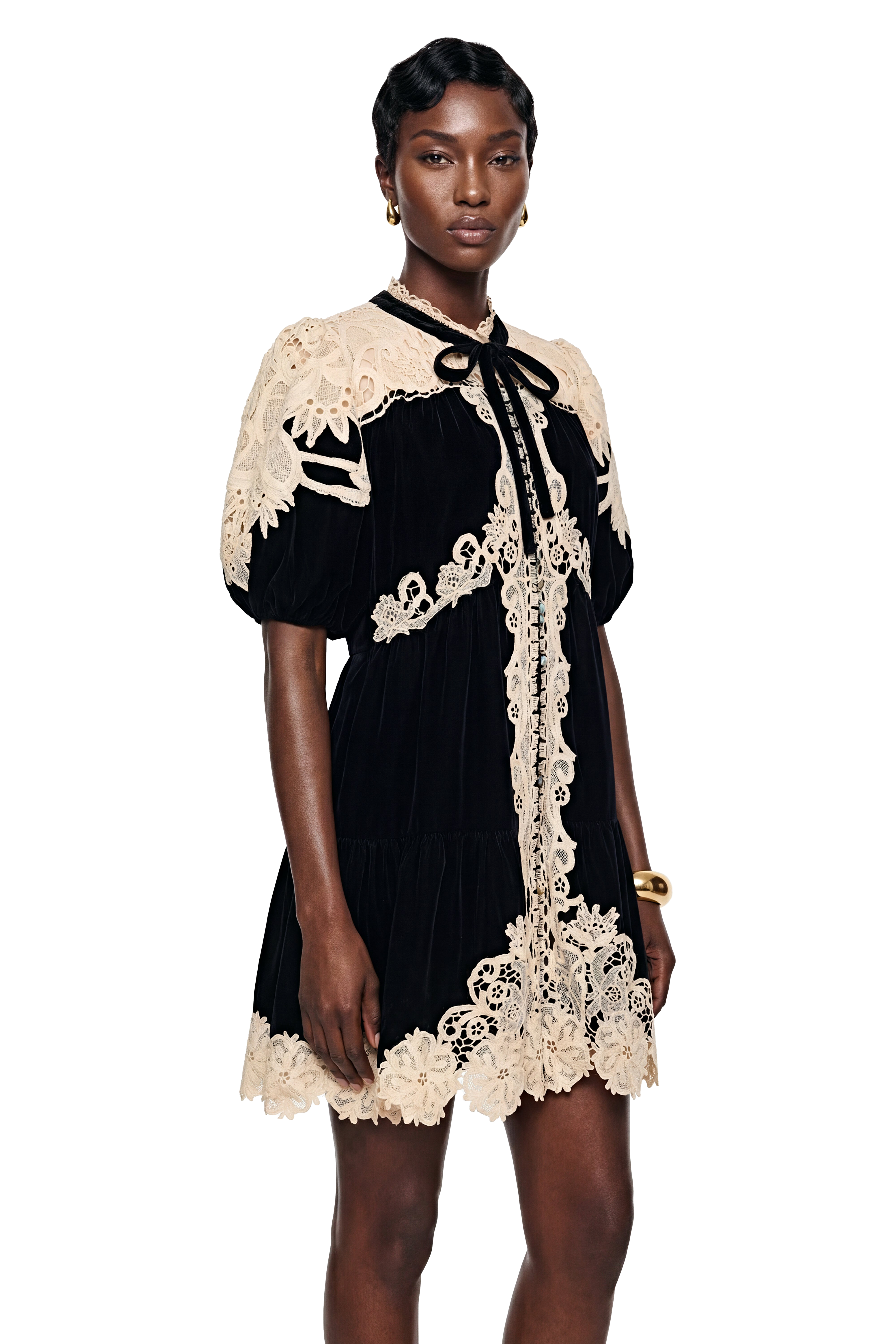 Nora Black Velvet Mini Dress with Lace Panels