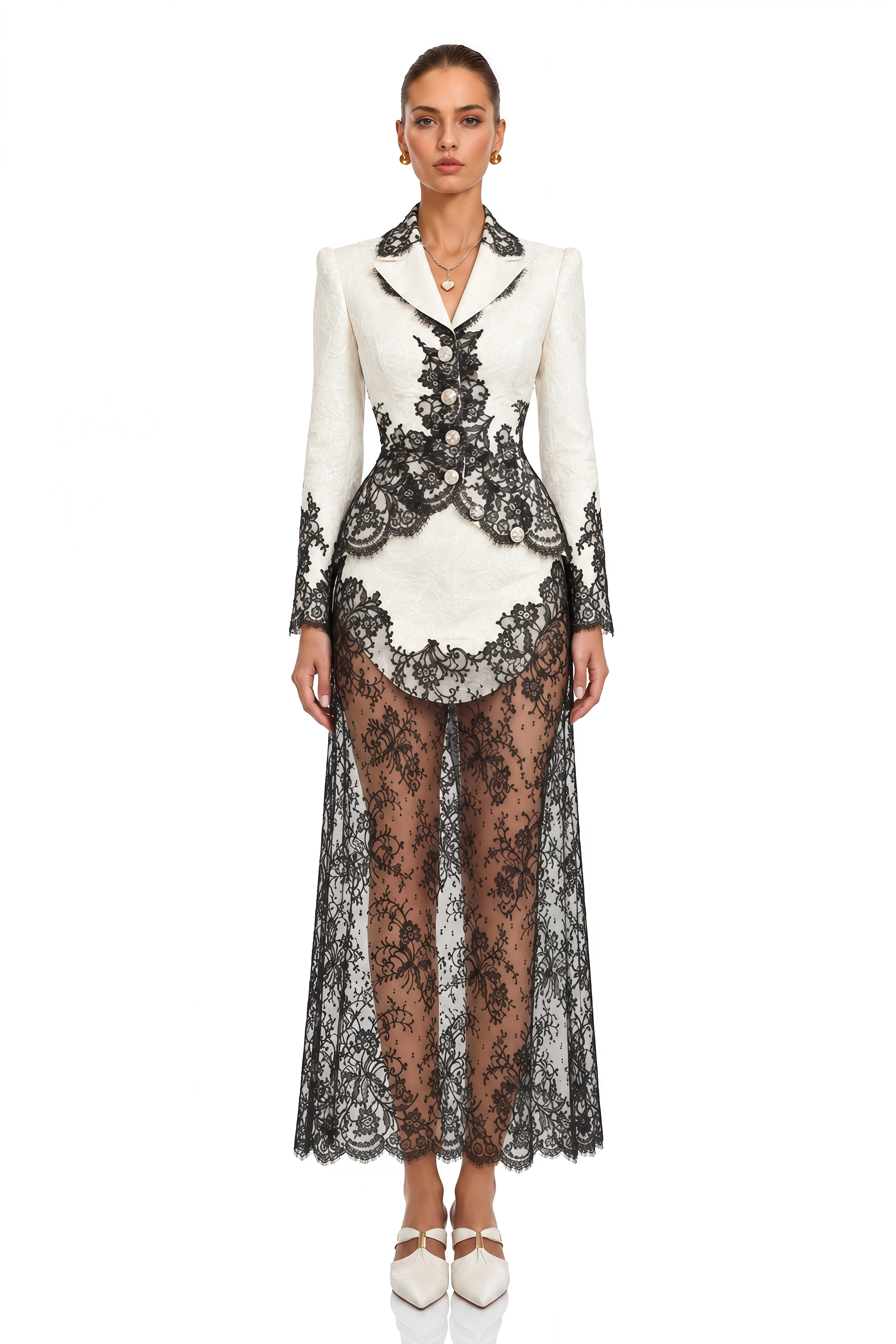 Noreen White Tailored Lace Blazer & Sheer Midi Skirt Set