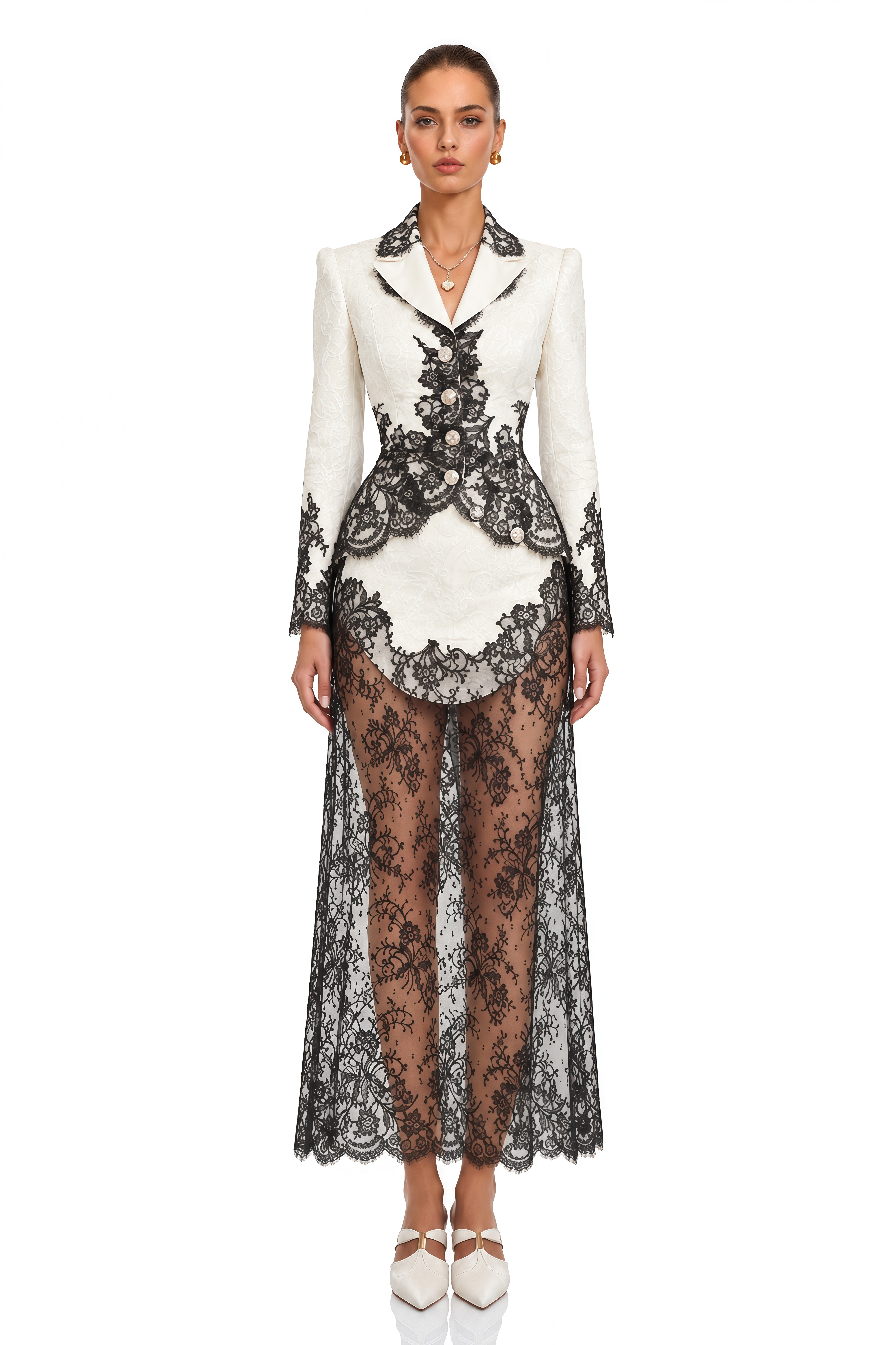 Noreen White Tailored Lace Blazer & Sheer Midi Skirt Set