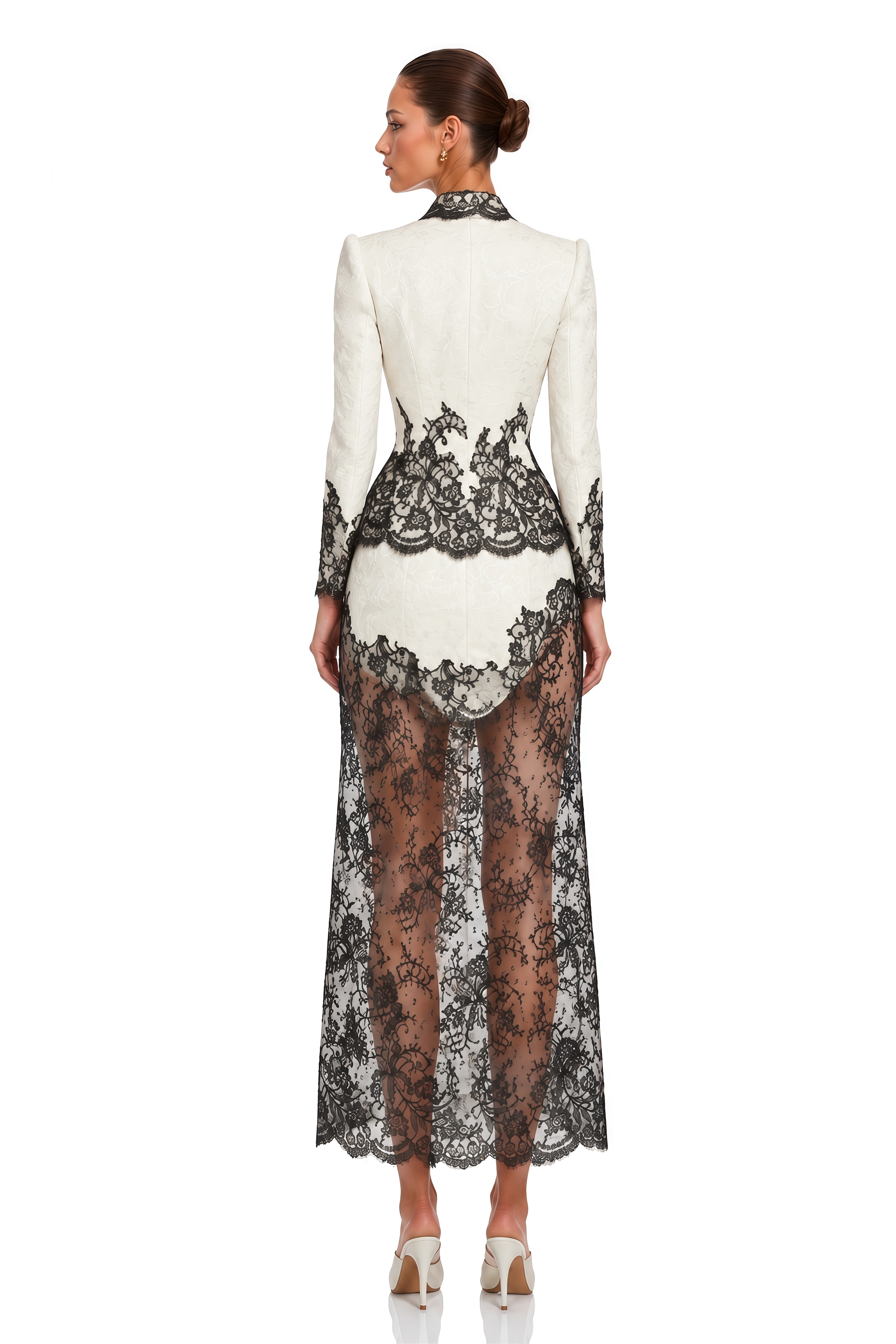 Noreen White Tailored Lace Blazer & Sheer Midi Skirt Set