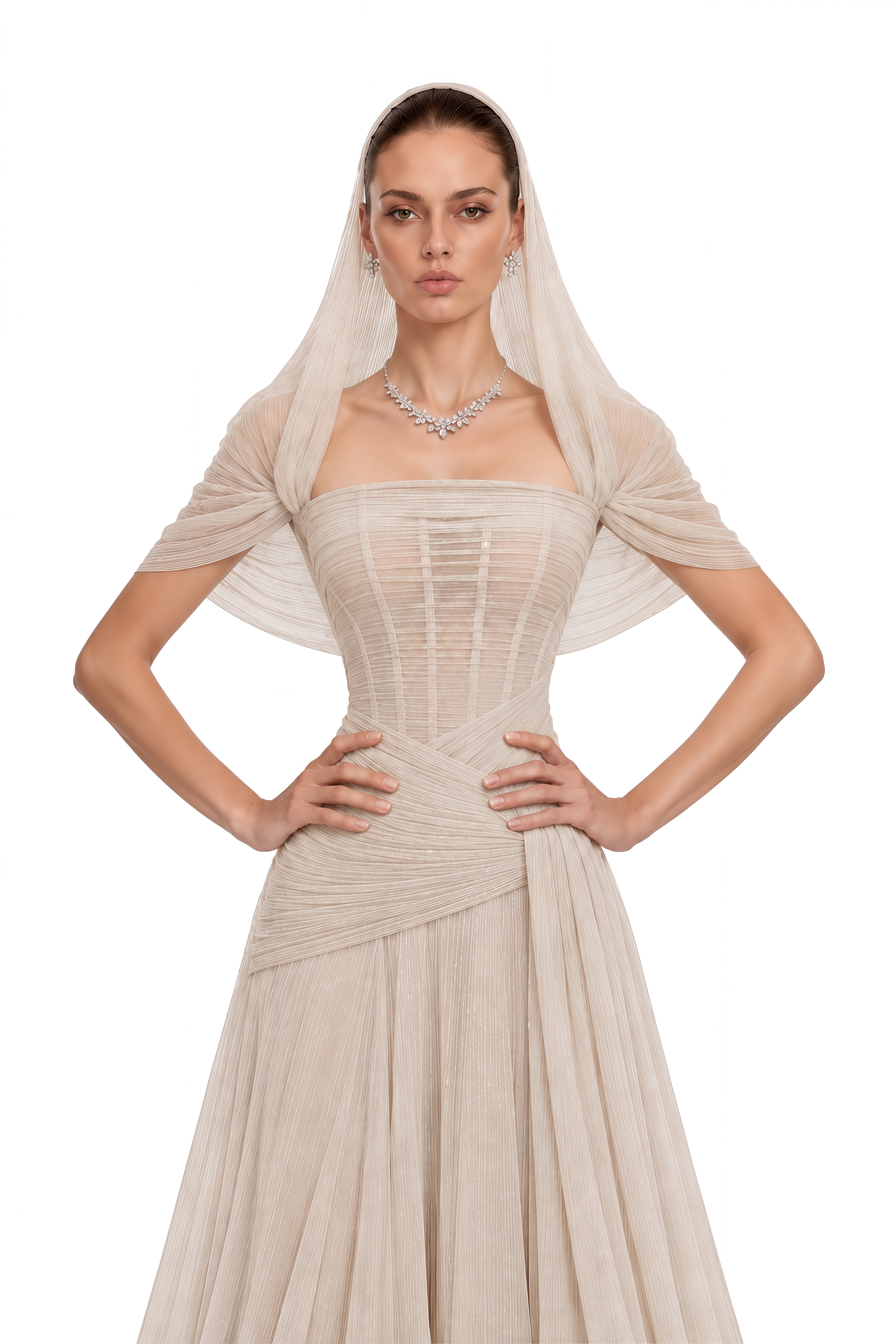 Nuraifa Neutral Cape Sleeve Pleated Maxi Dress