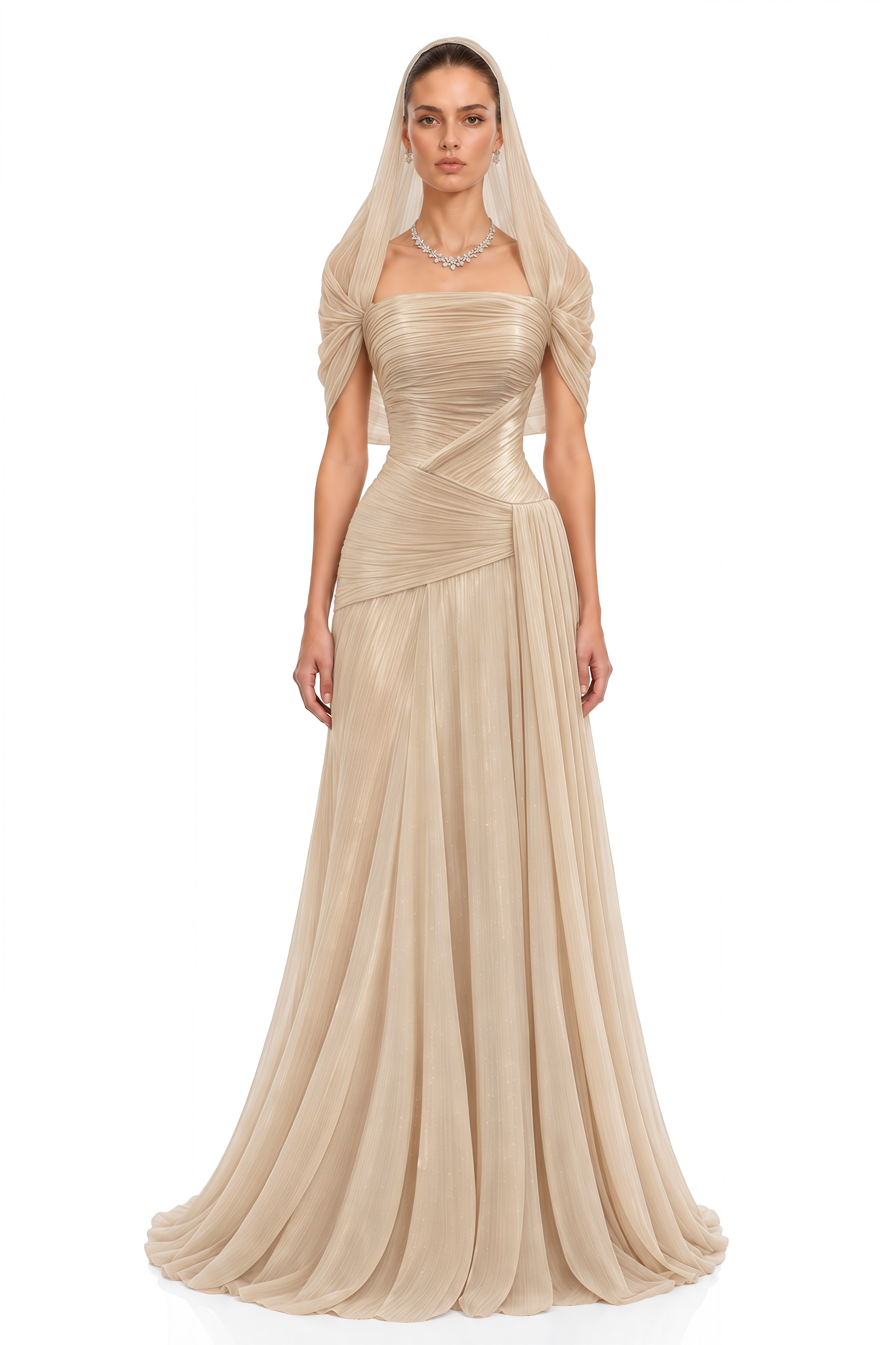 Nuraifa Neutral Cape Sleeve Pleated Maxi Dress