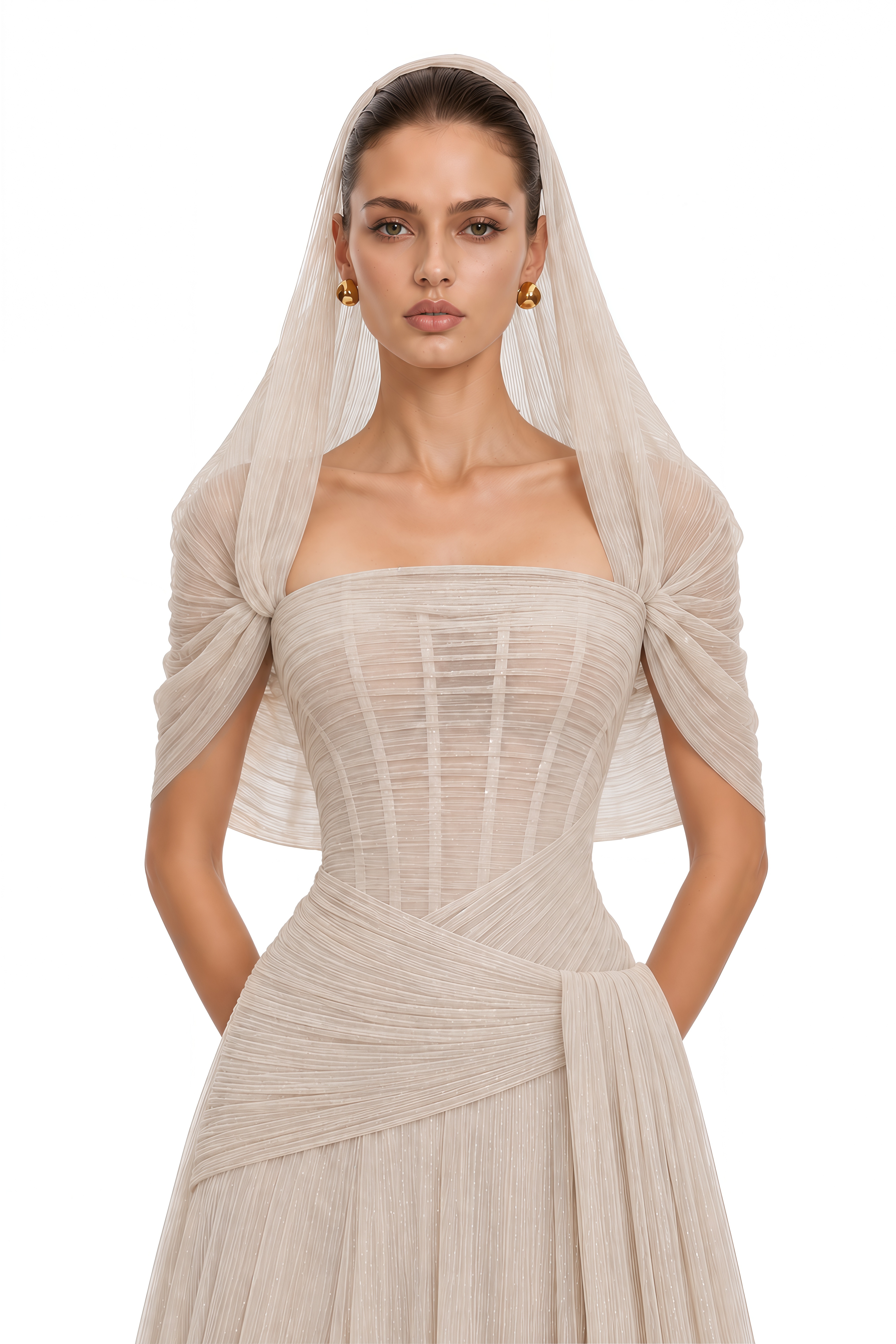 Nuraifa Neutral Cape Sleeve Pleated Maxi Dress