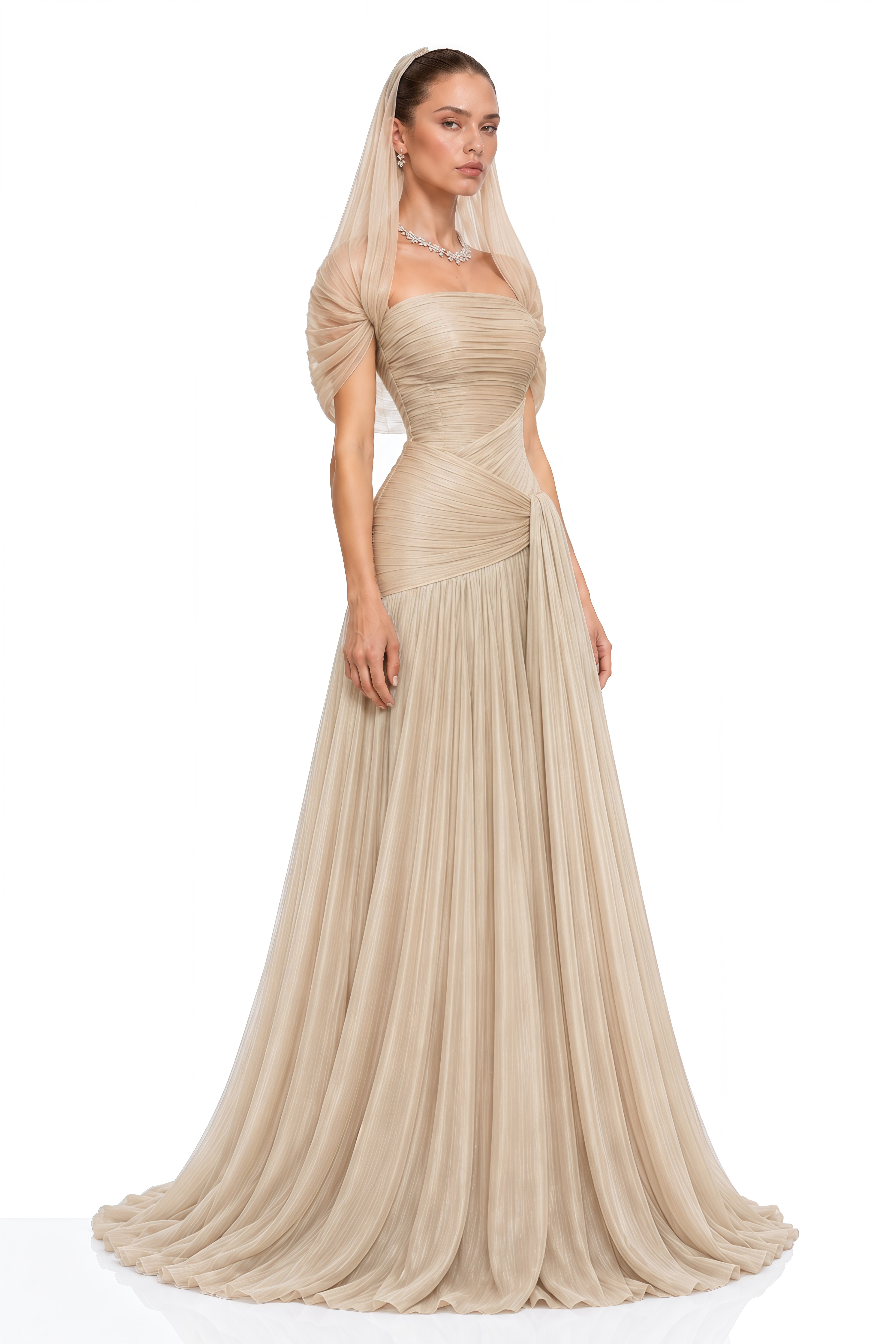 Nuraifa Neutral Cape Sleeve Pleated Maxi Dress