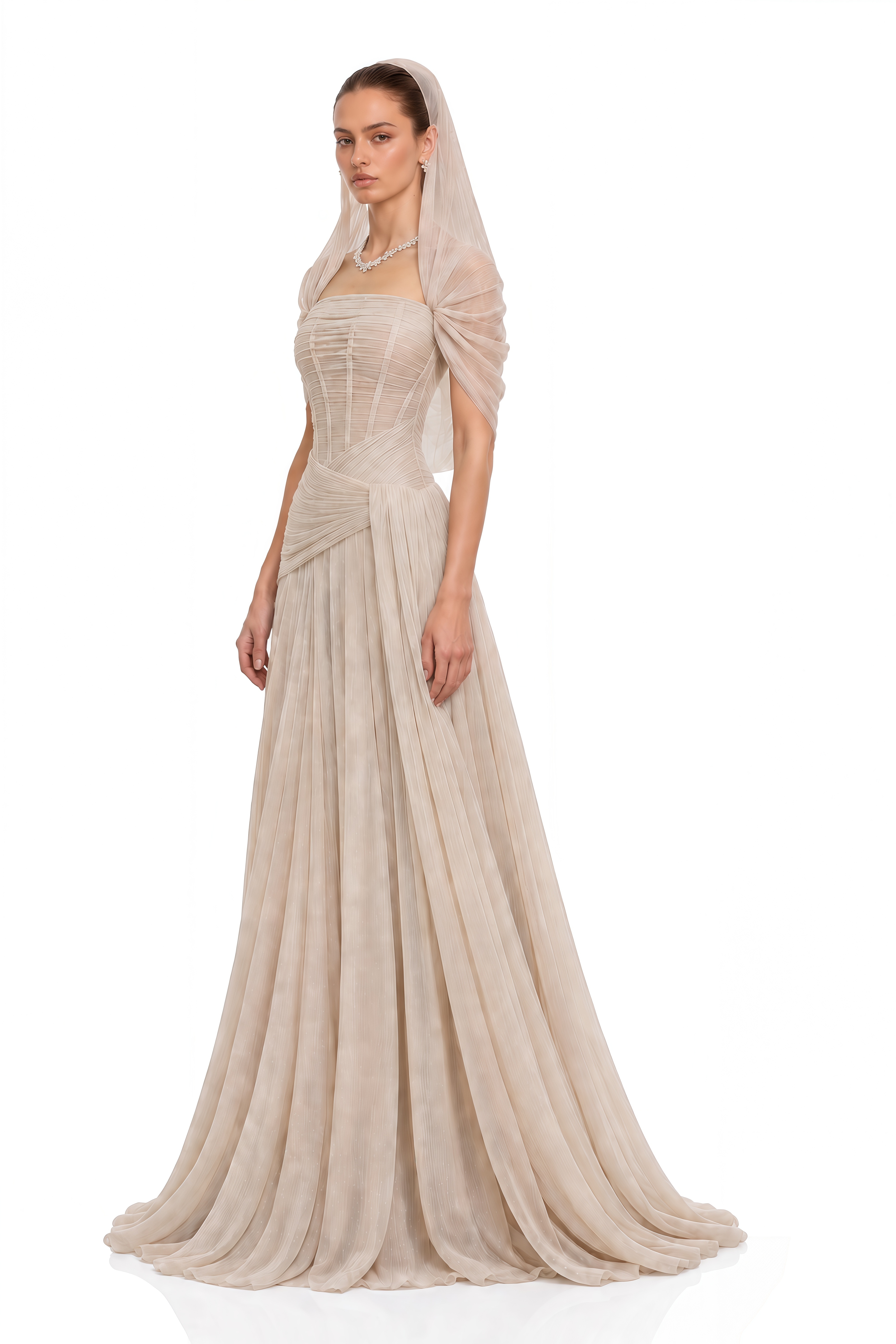 Nuraifa Neutral Cape Sleeve Pleated Maxi Dress