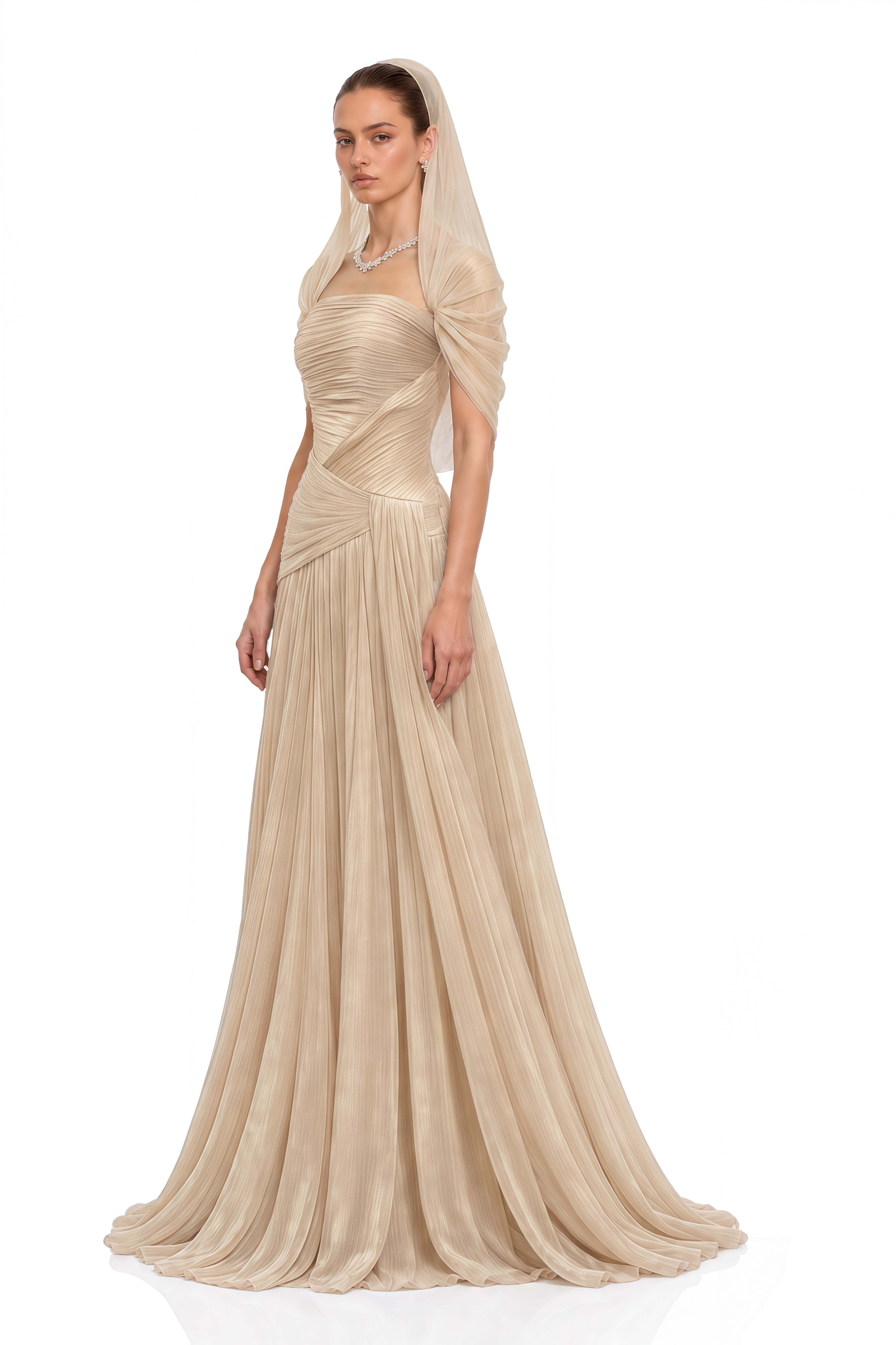 Nuraifa Neutral Cape Sleeve Pleated Maxi Dress