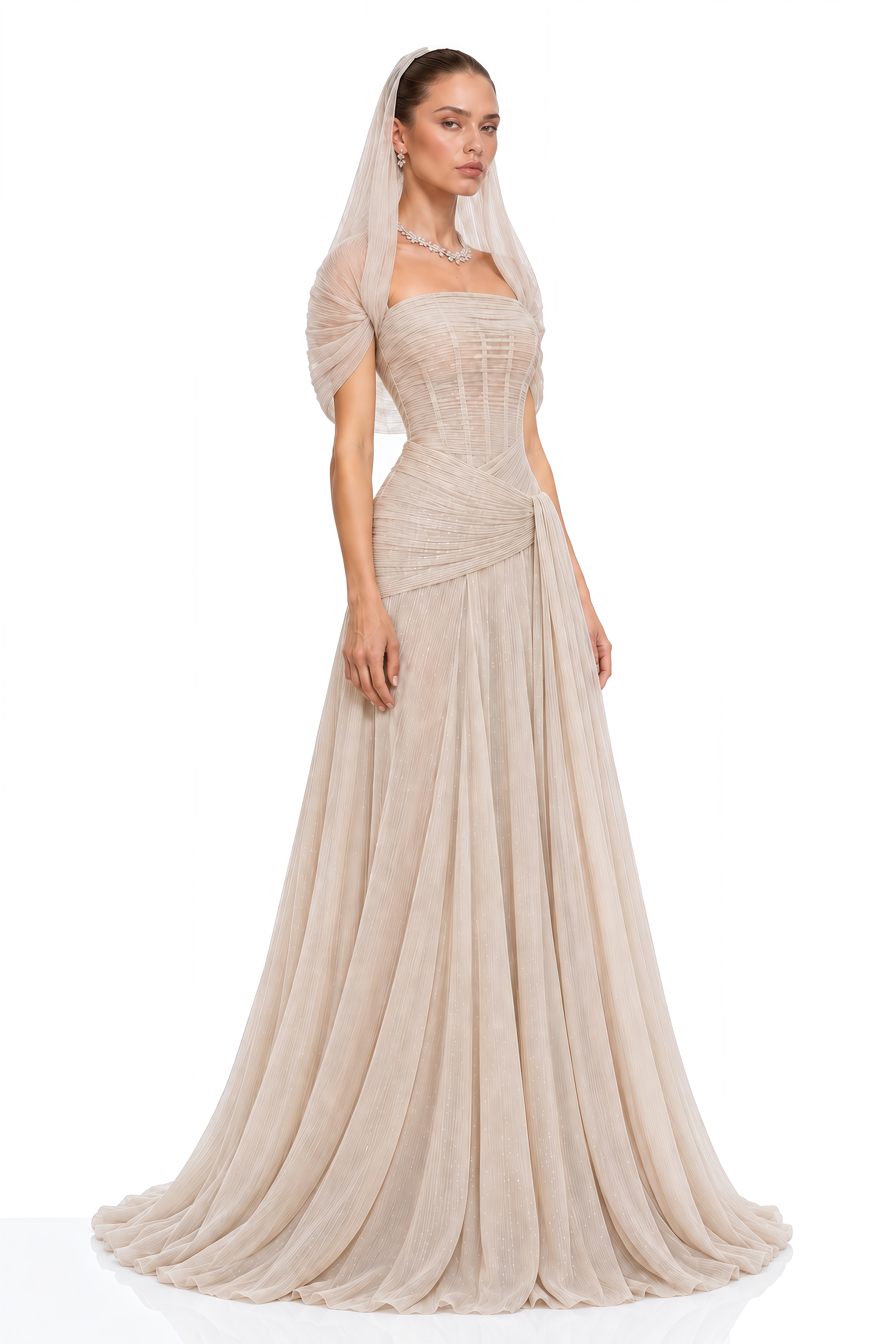 Nuraifa Neutral Cape Sleeve Pleated Maxi Dress