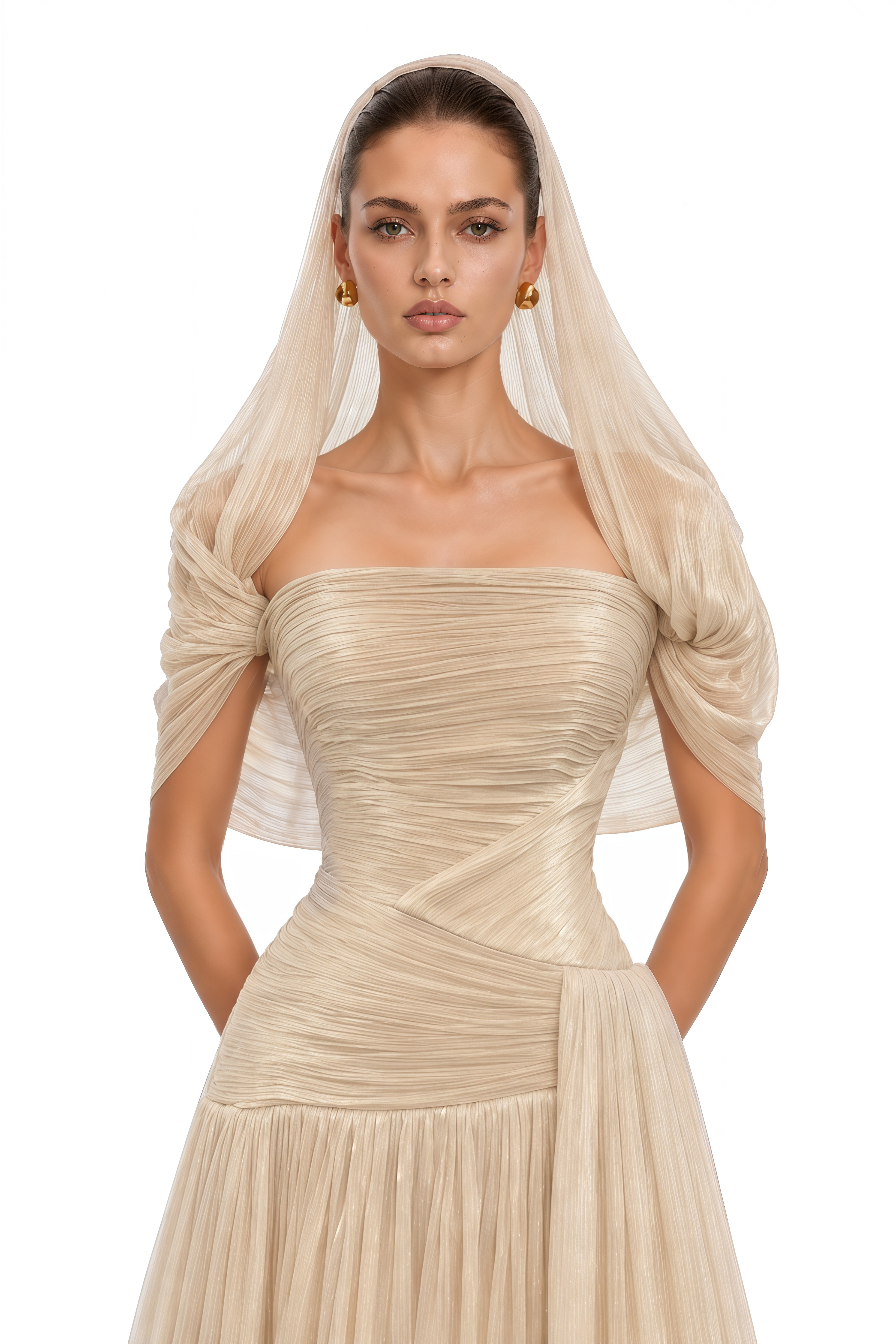 Nuraifa Neutral Cape Sleeve Pleated Maxi Dress