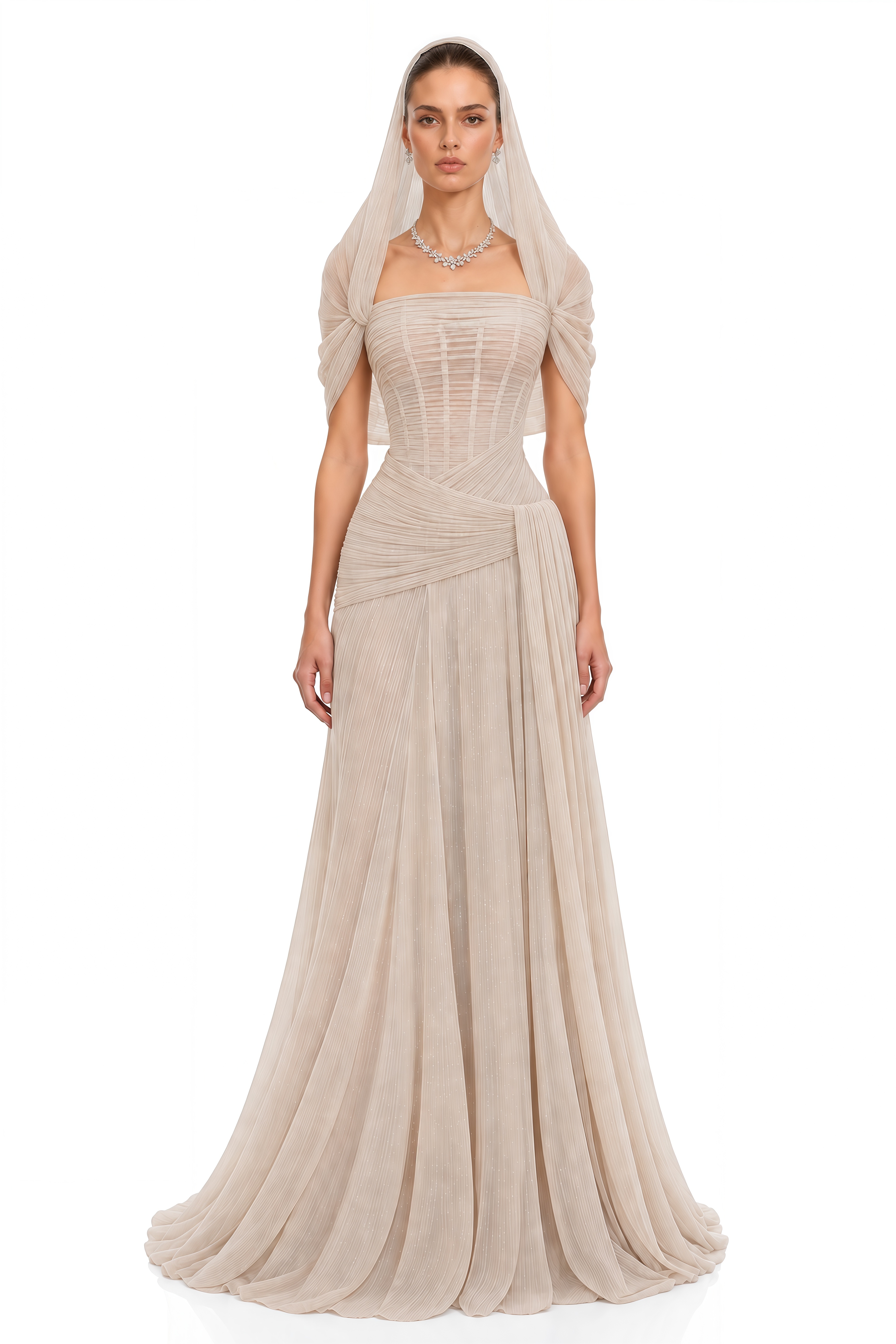 Nuraifa Neutral Cape Sleeve Pleated Maxi Dress