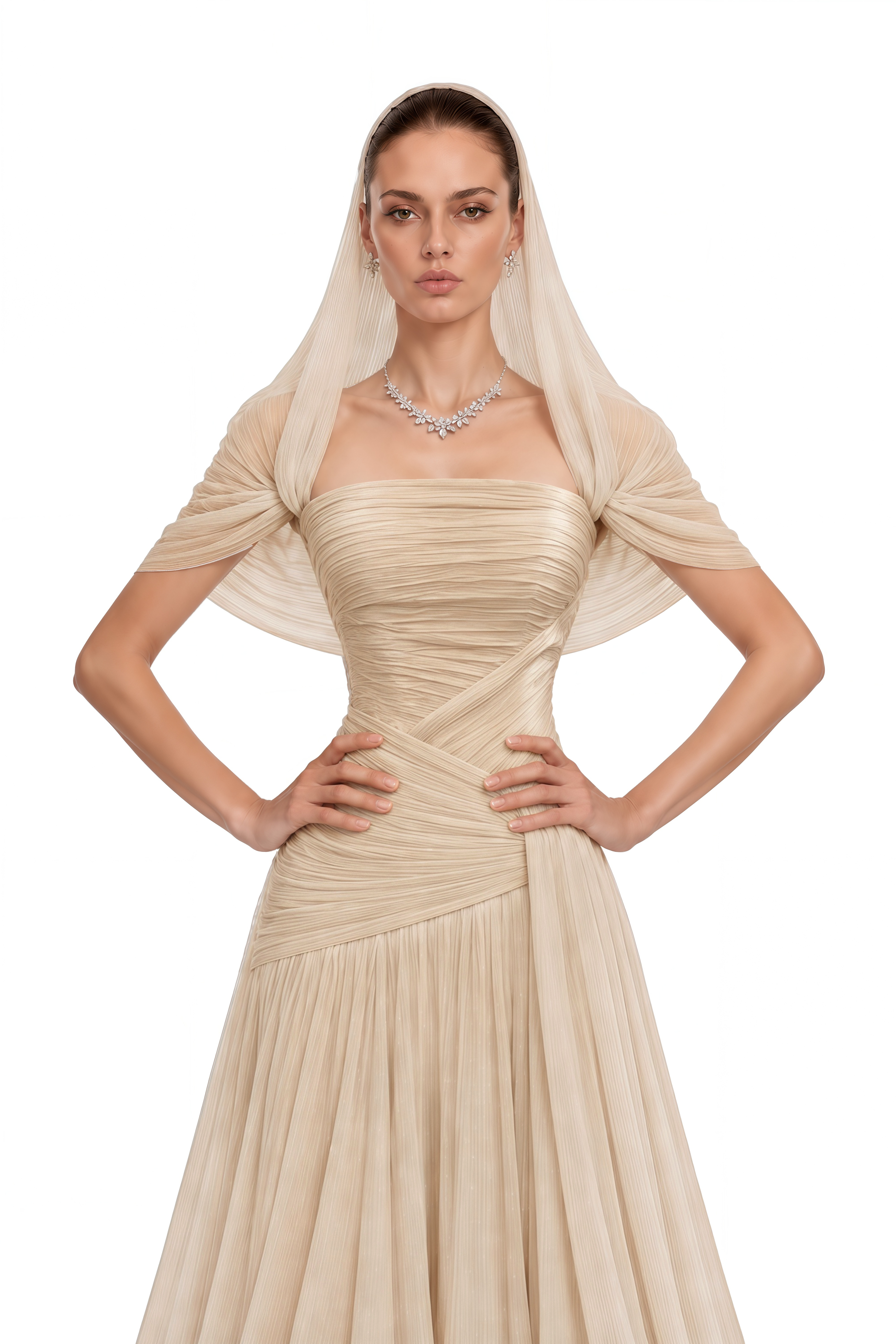 Nuraifa Neutral Cape Sleeve Pleated Maxi Dress