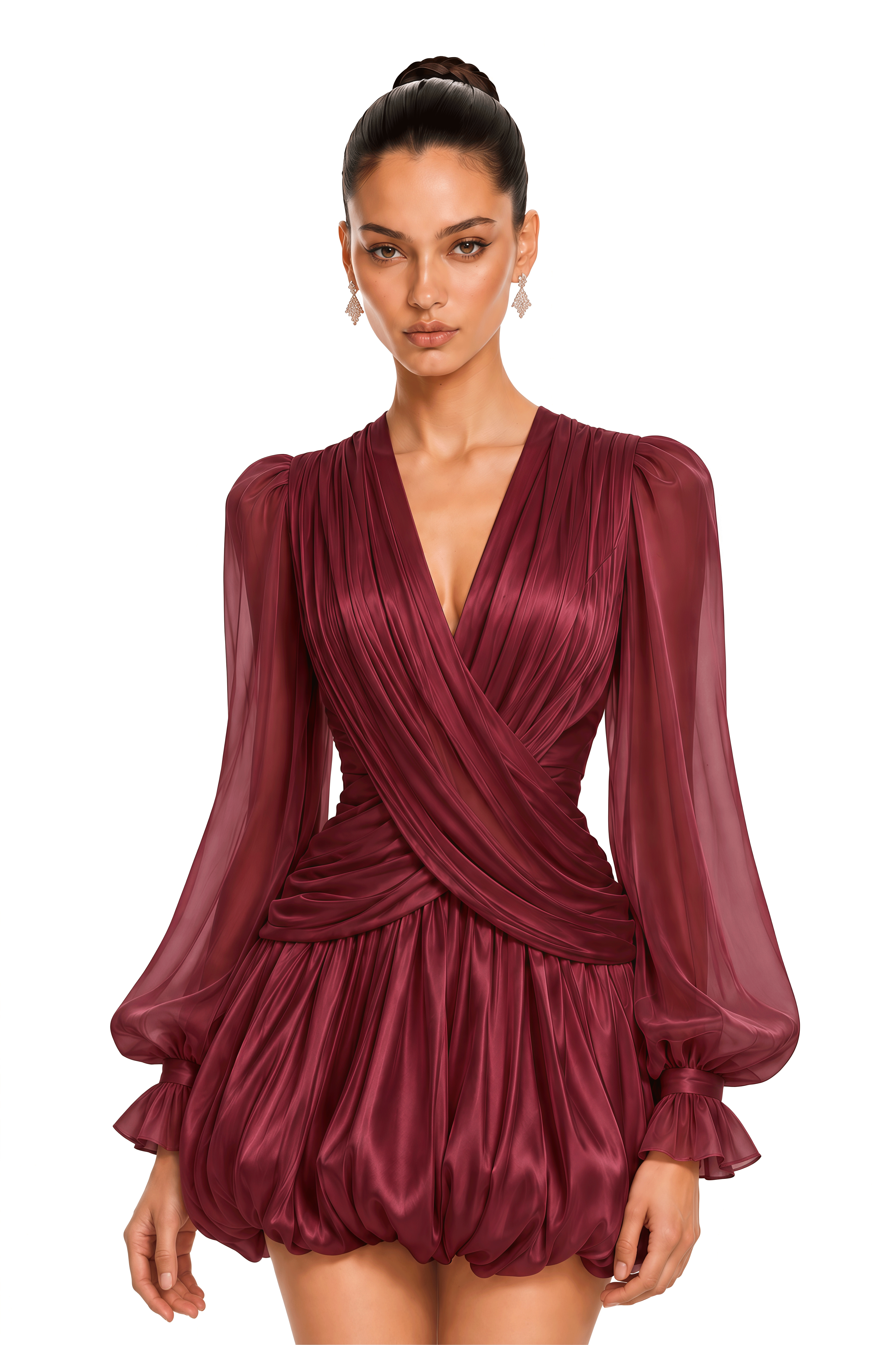 Nuria Burgundy Draped V-Neck Bubble Mini Dress