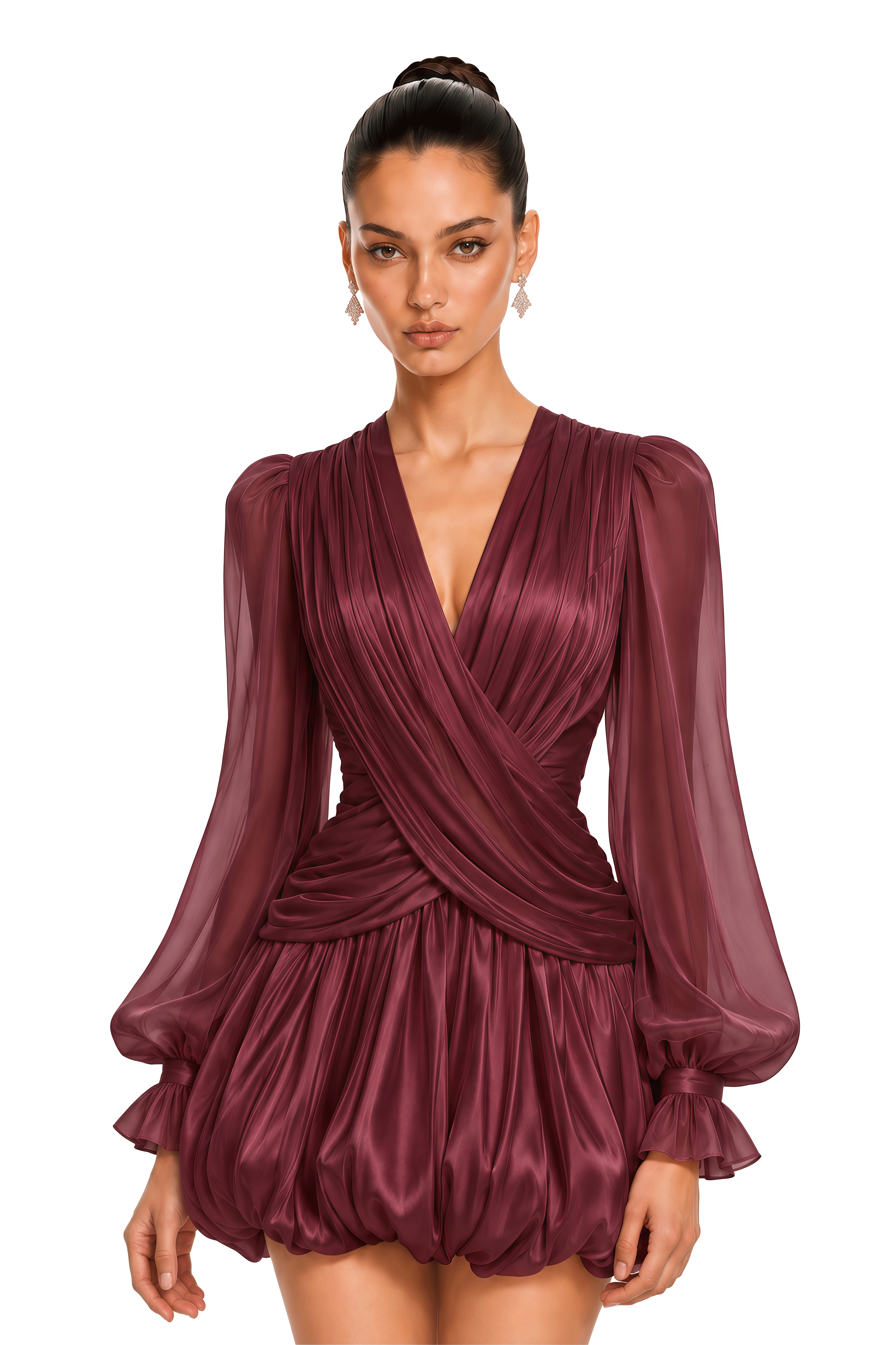 Nuria Burgundy Draped V-Neck Bubble Mini Dress