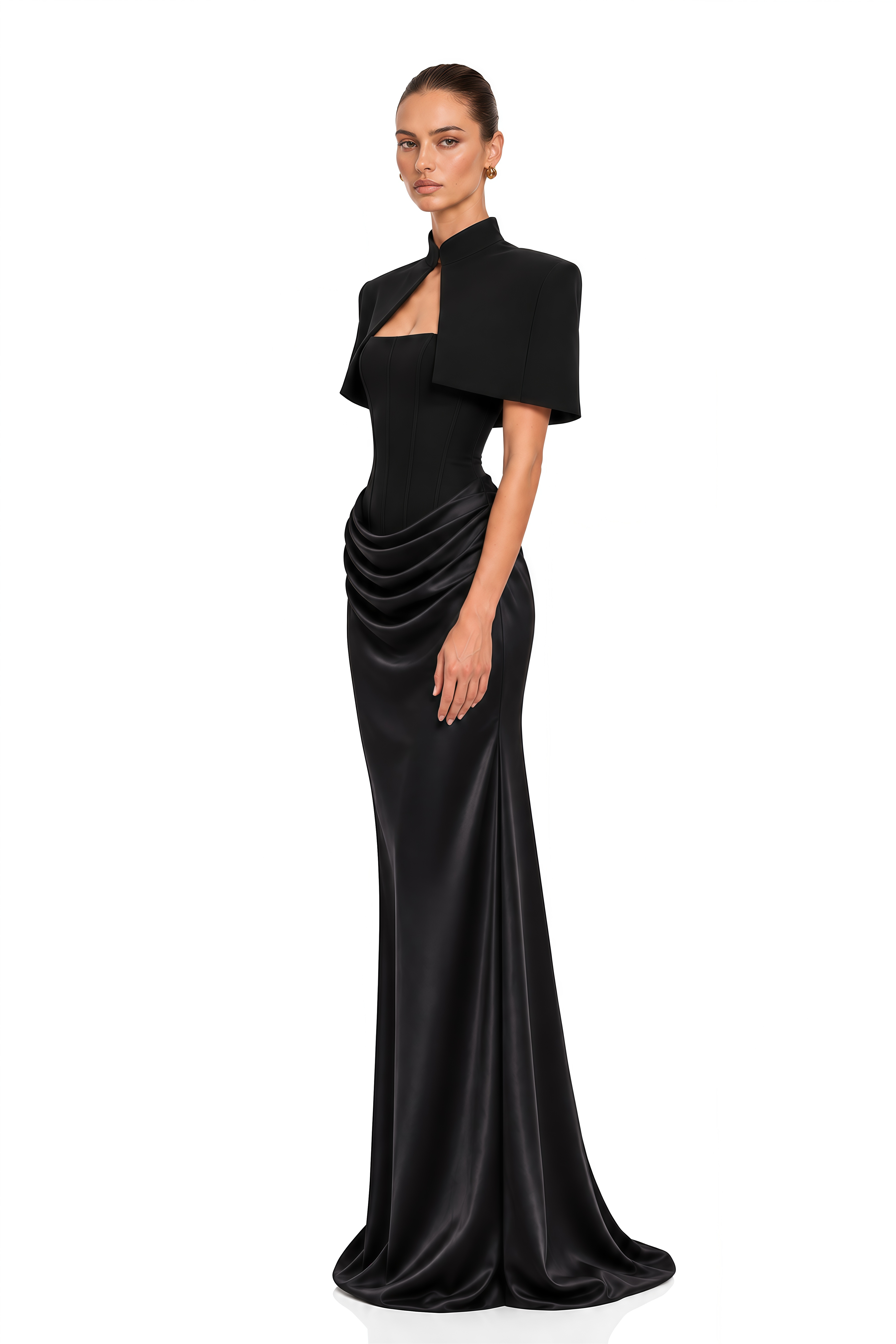 Nyla Black Corset Draped Maxi Dress with Cape 