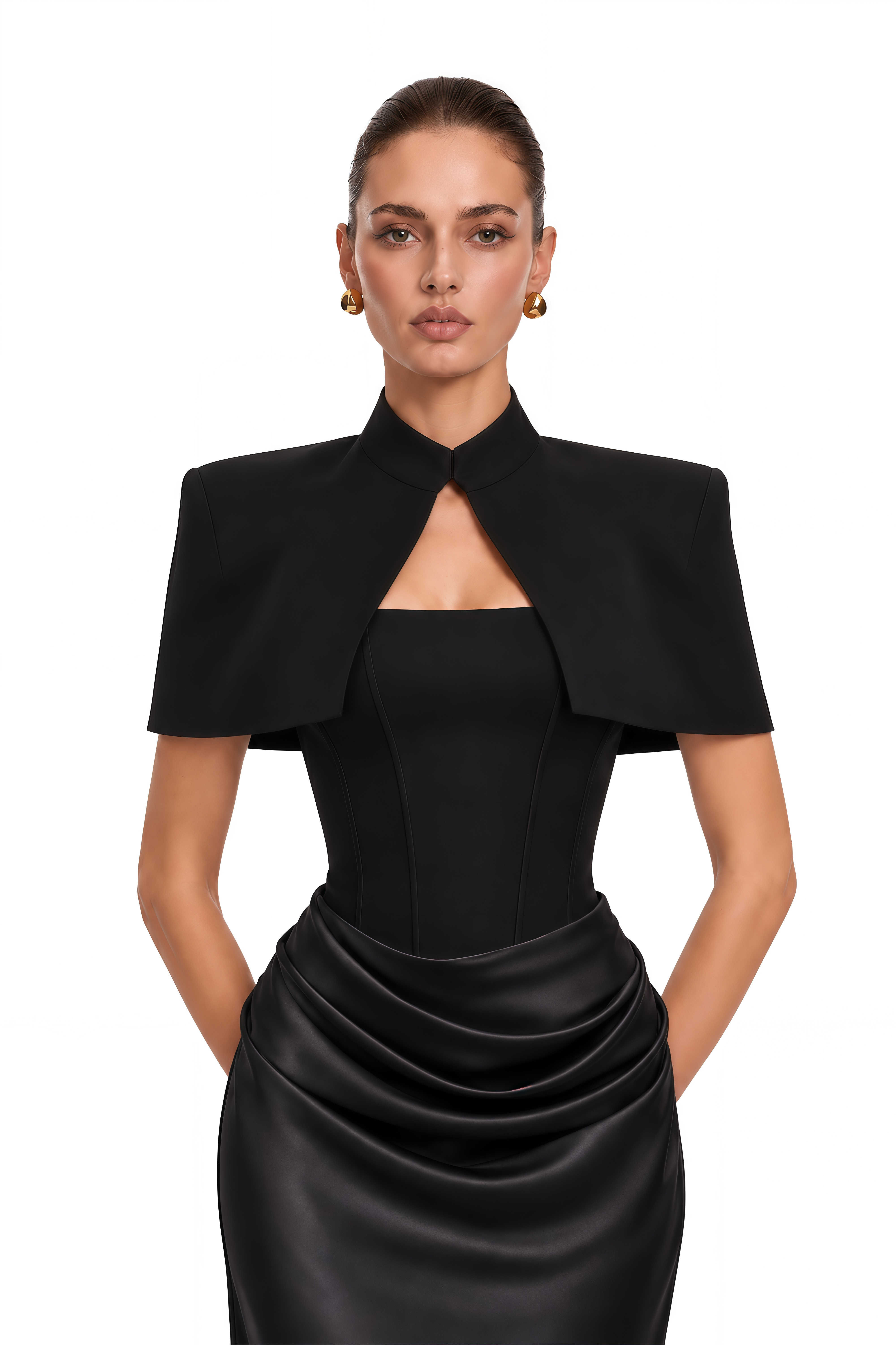 Nyla Black Corset Draped Maxi Dress with Cape 