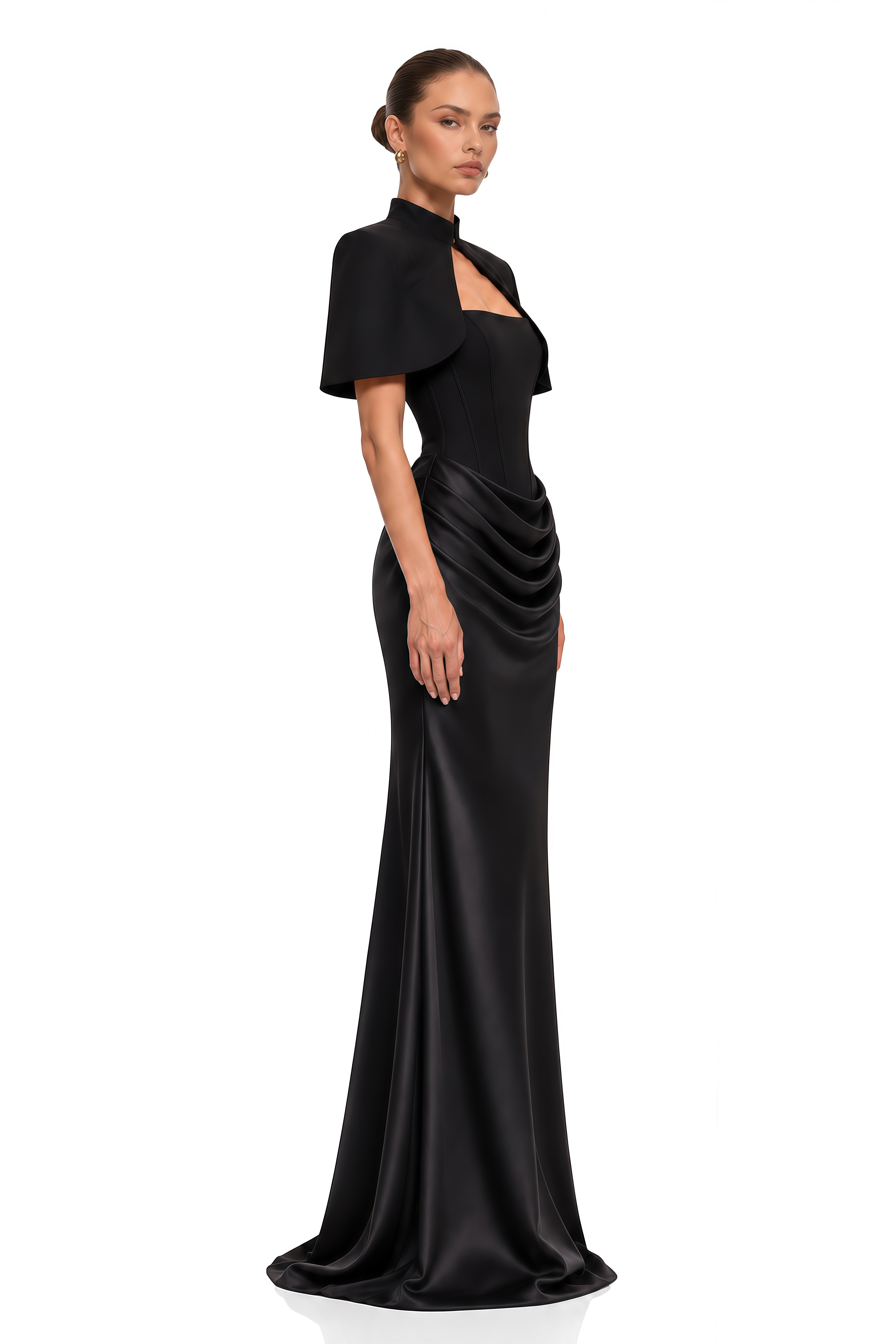 Nyla Black Corset Draped Maxi Dress with Cape 