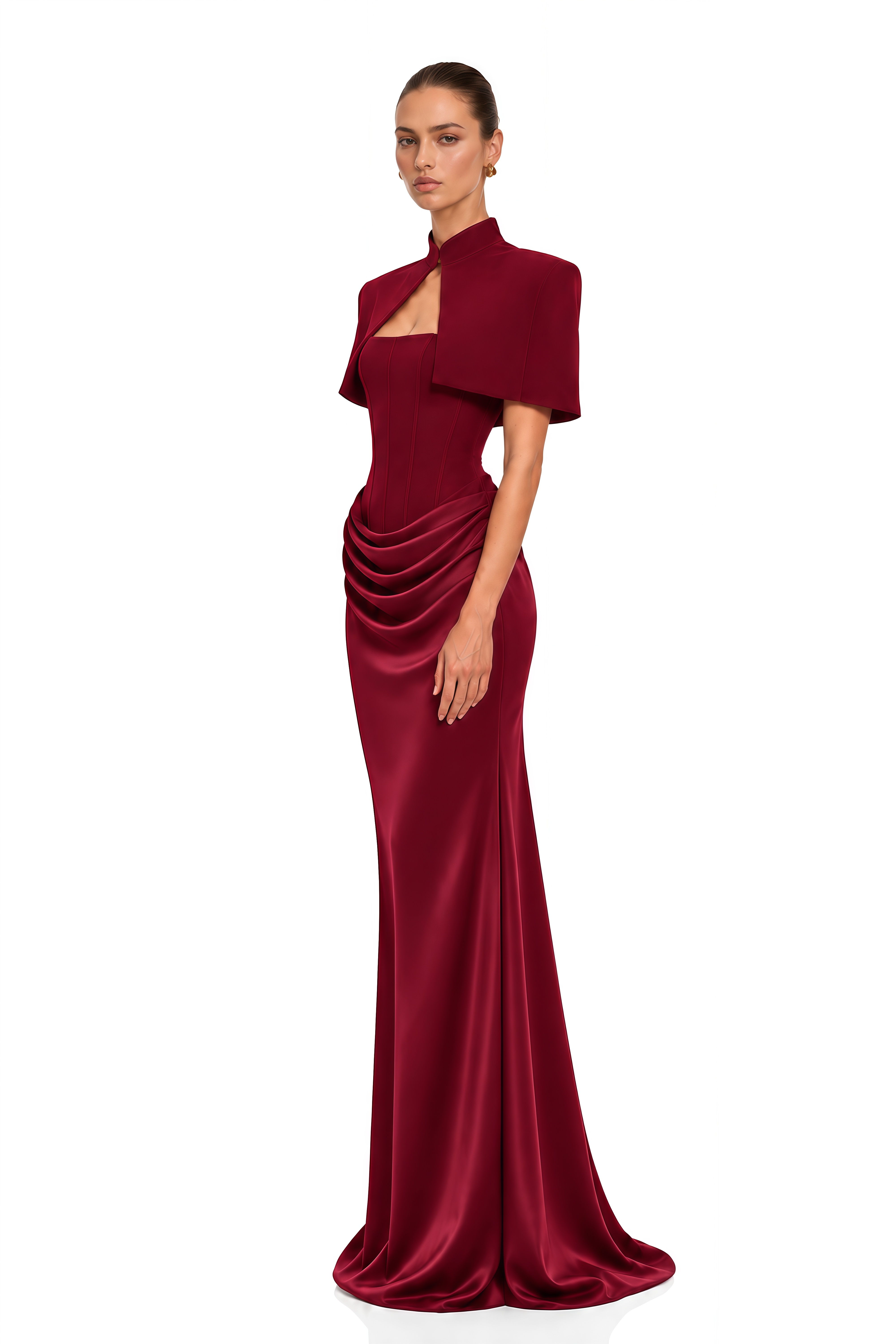 Nyla Red Corset Draped Maxi Dress with Cape 
