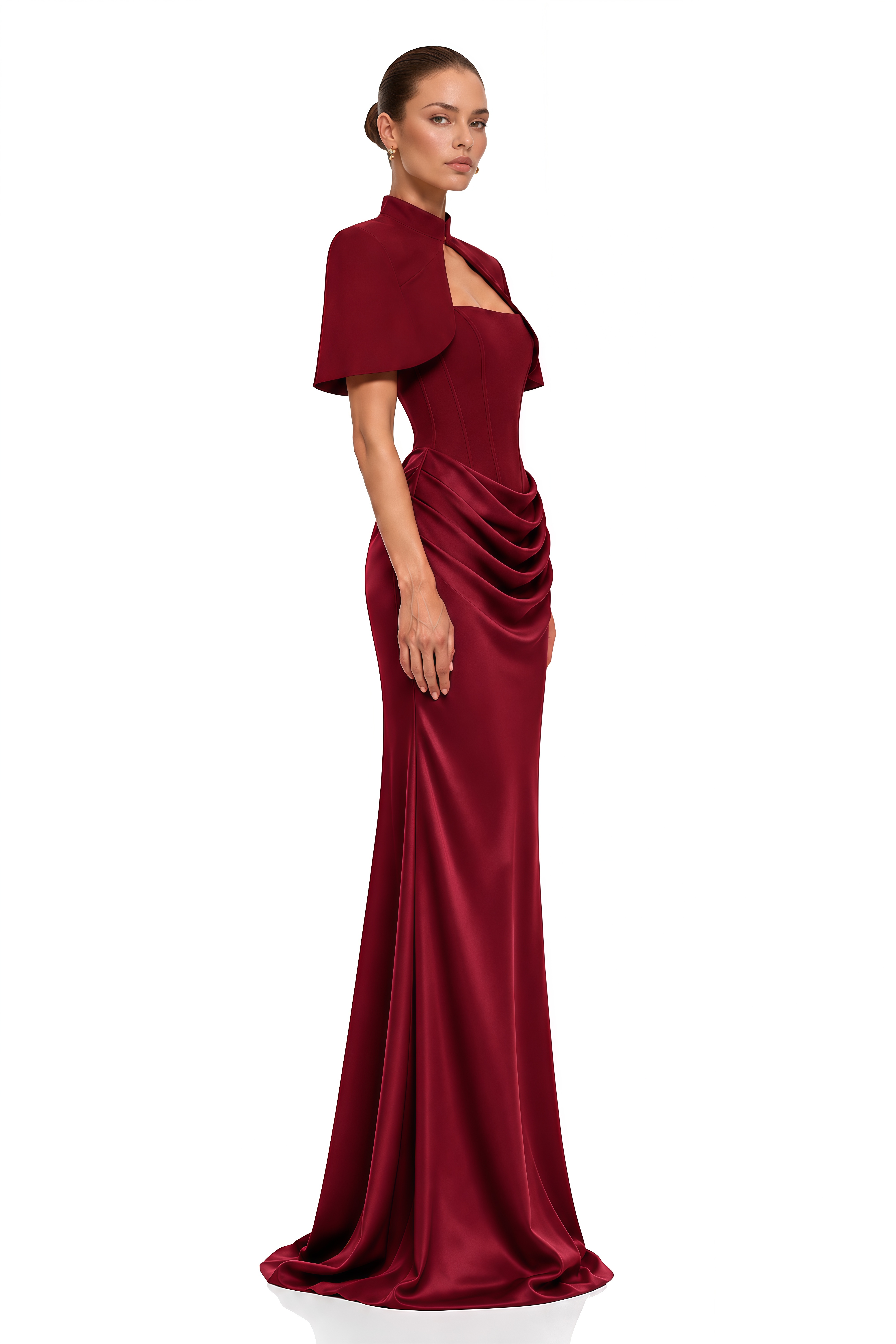 Nyla Red Corset Draped Maxi Dress with Cape 