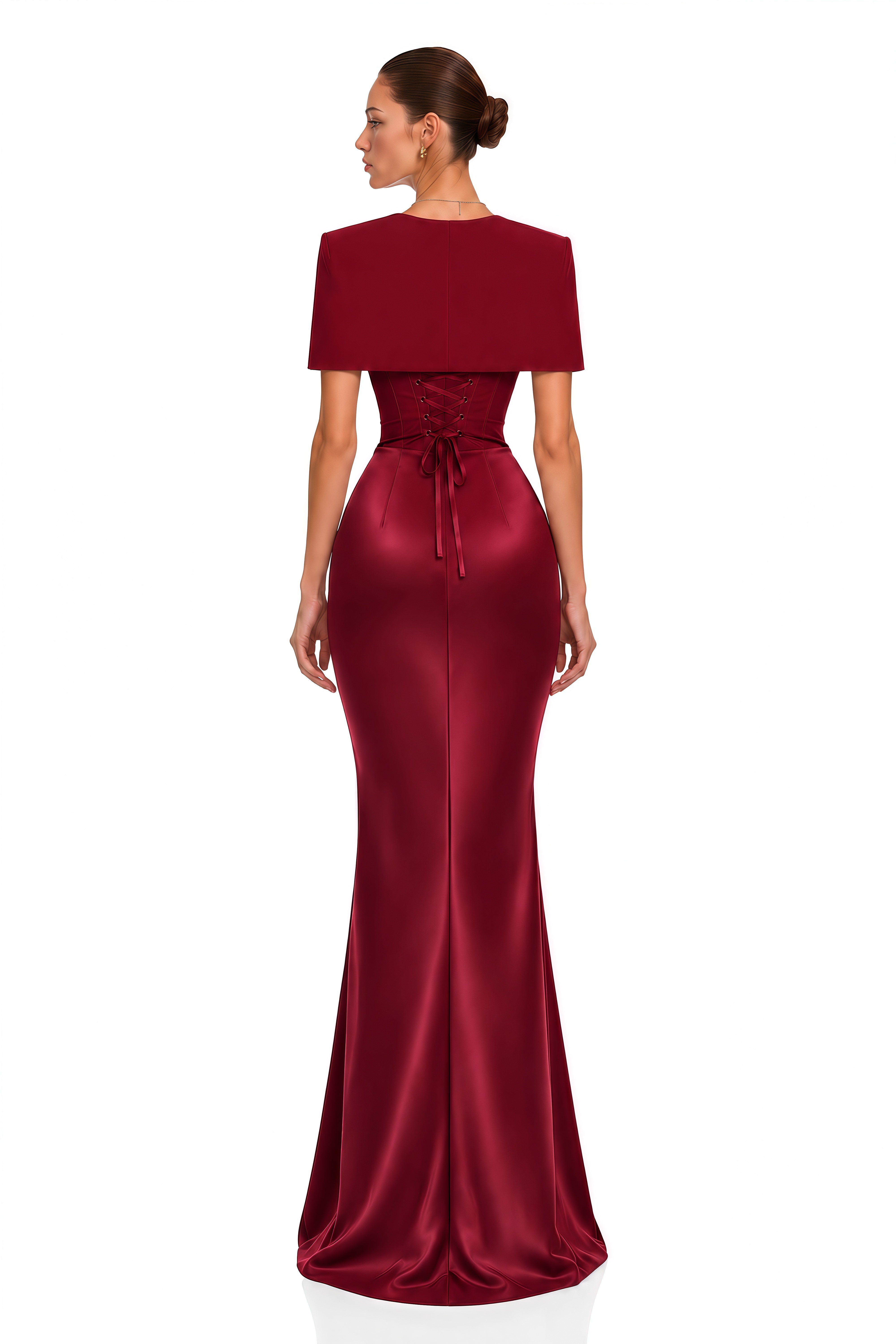 Nyla Red Corset Draped Maxi Dress with Cape 