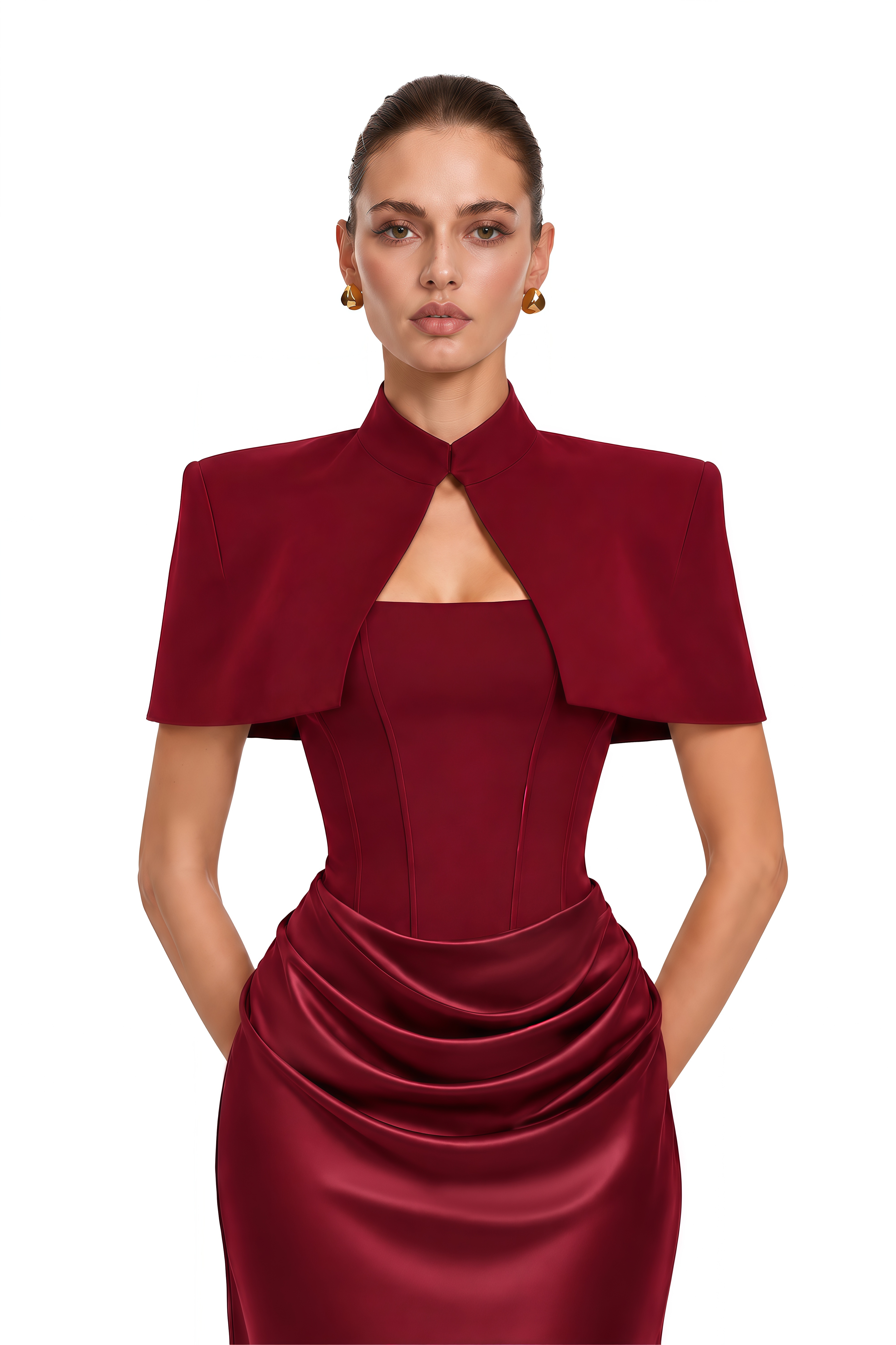 Nyla Red Corset Draped Maxi Dress with Cape 