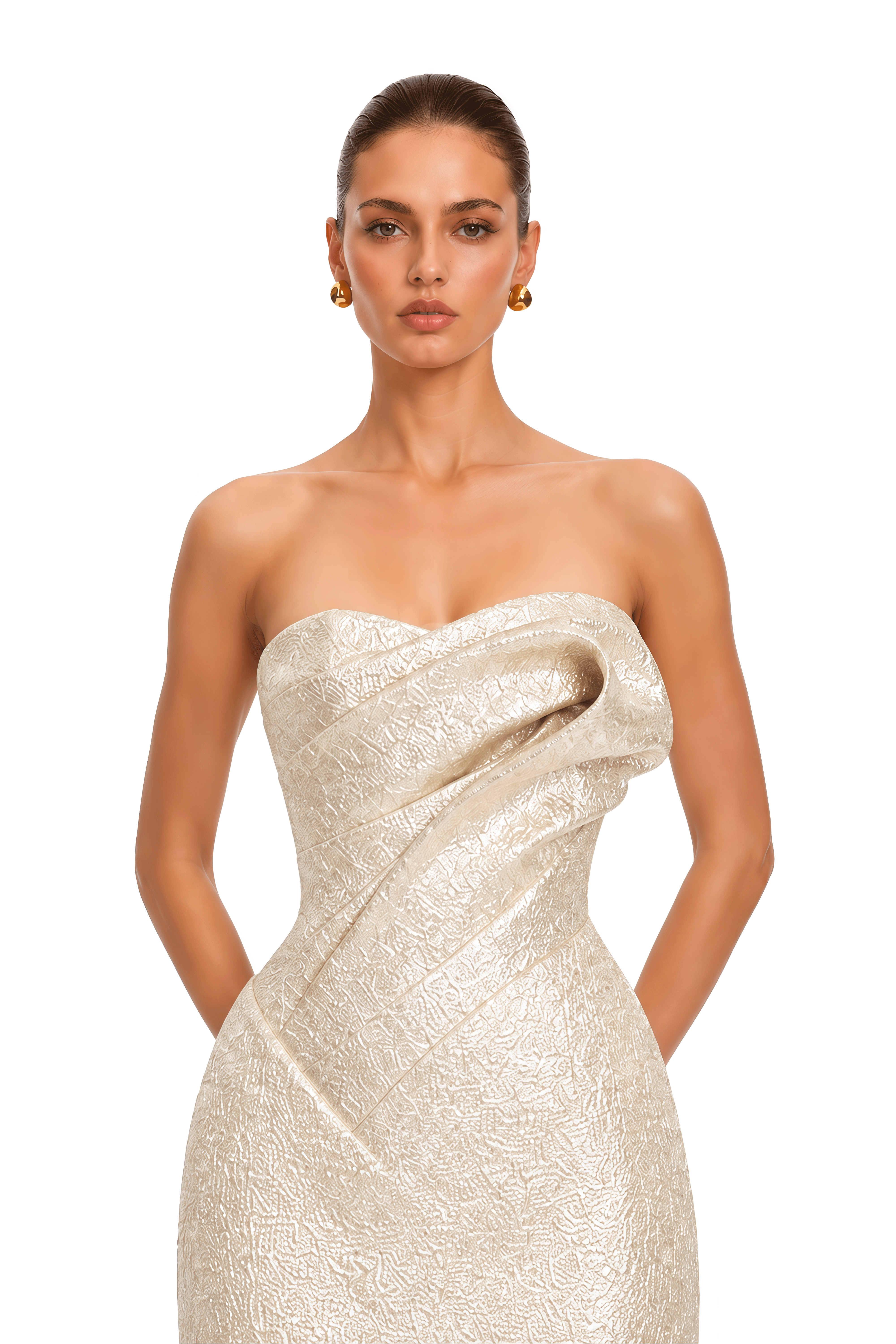 Oaklie Neutal Draped Jacquard Strapless Mini Dress