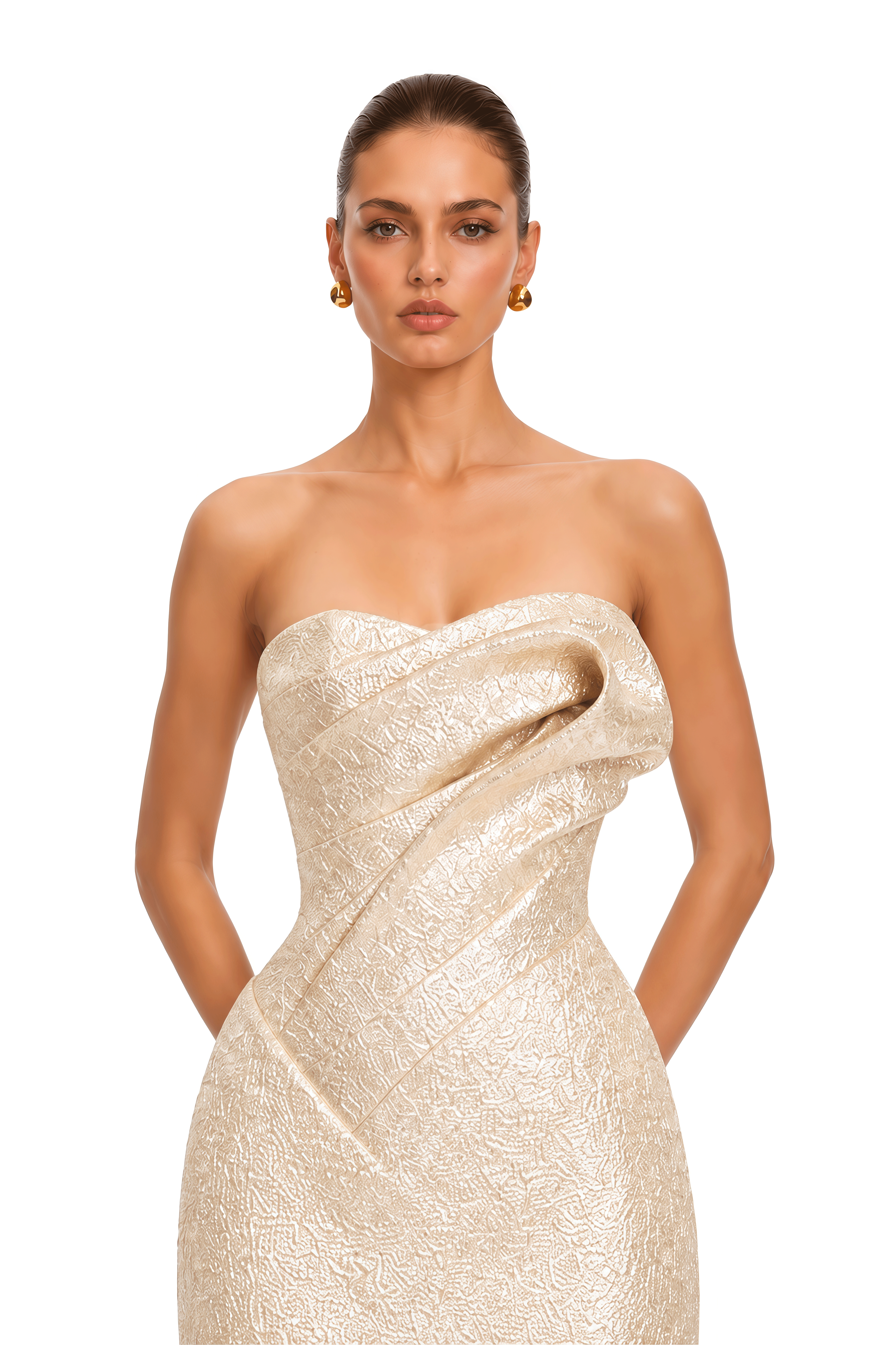 Oaklie Neutal Draped Jacquard Strapless Mini Dress