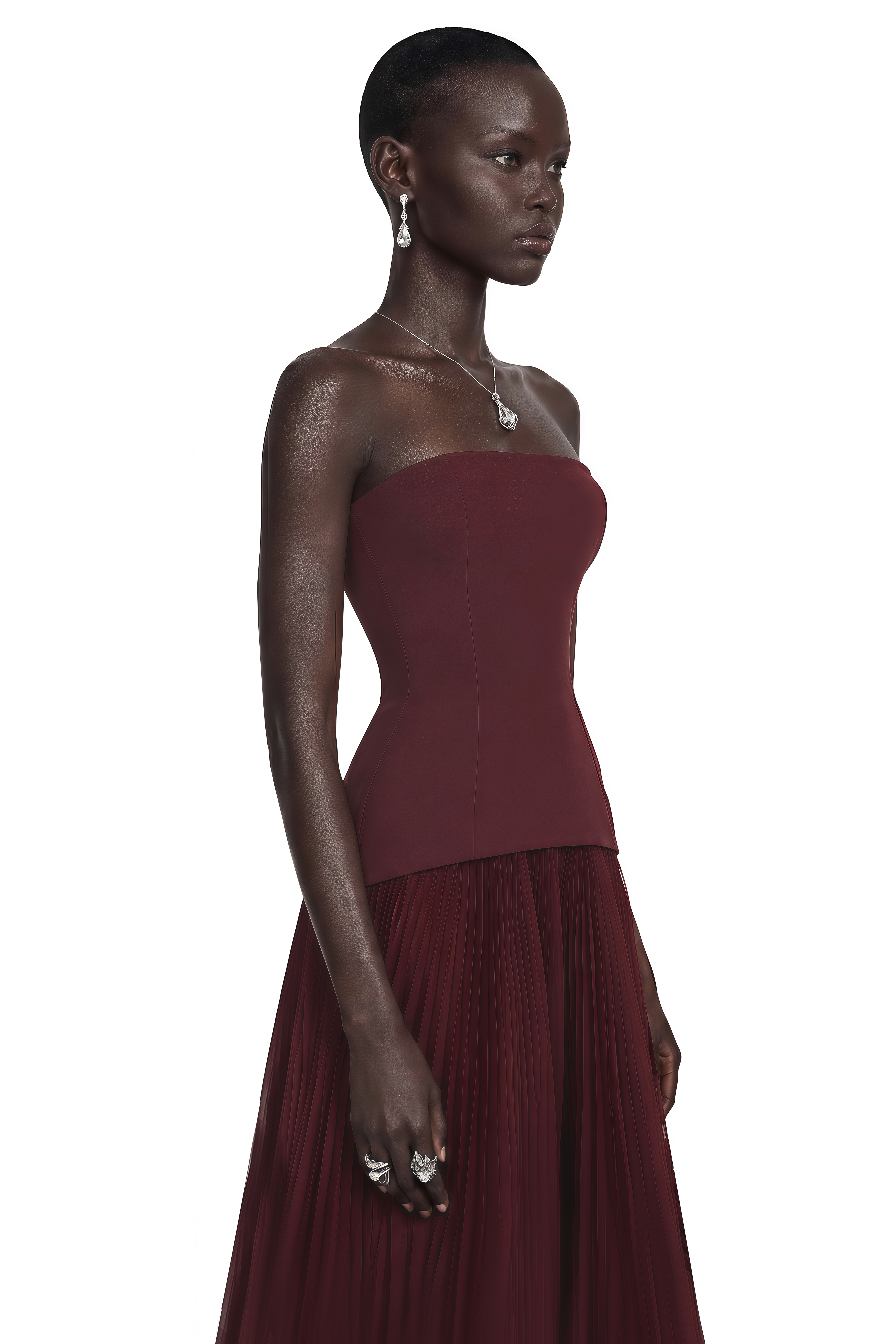 Océane Burgundy Off Shoulder Pleated Maxi Dress with 3D Florals