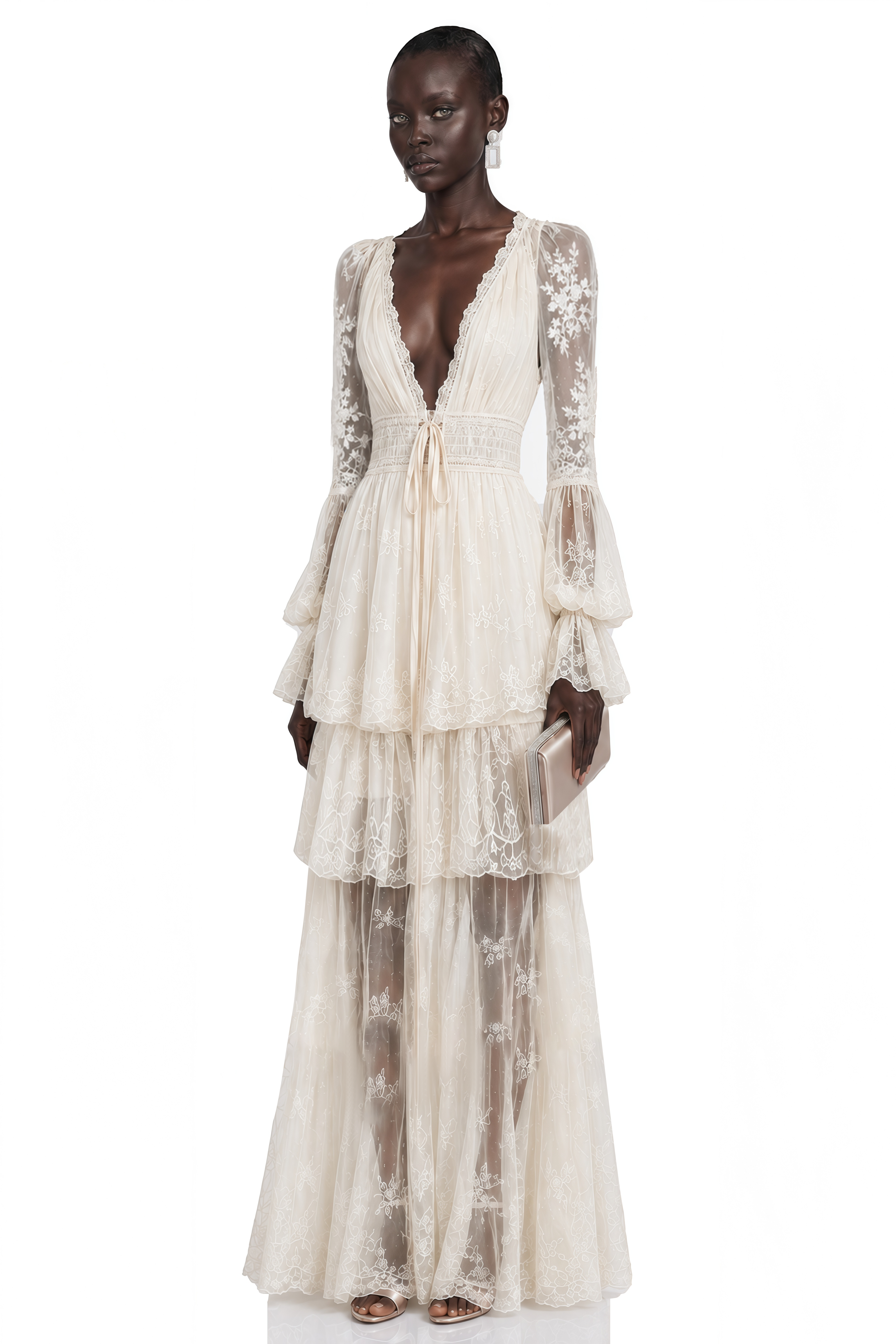 Ocean Cream Lace Ruffled Maxi Dress