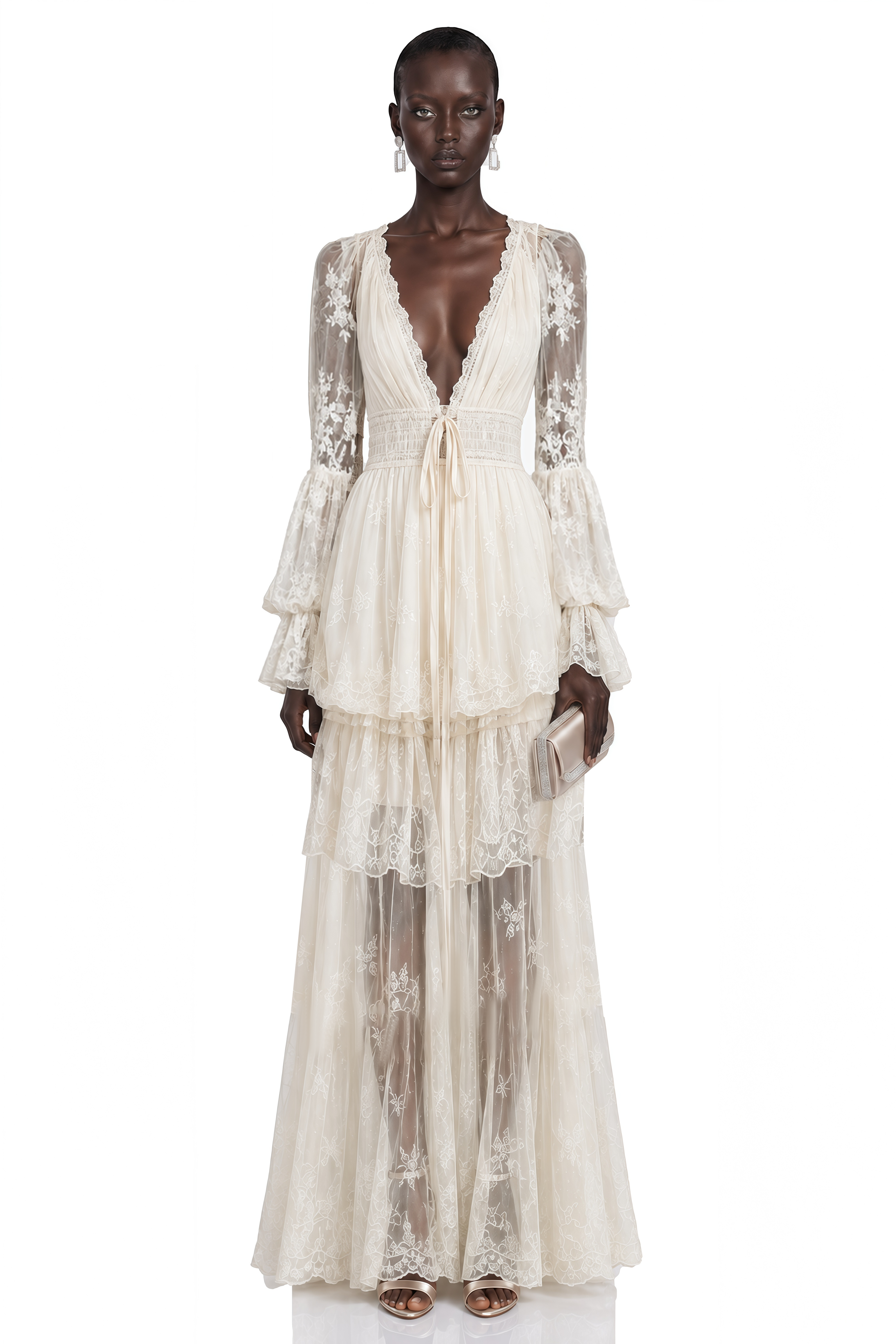 Ocean Cream Lace Ruffled Maxi Dress