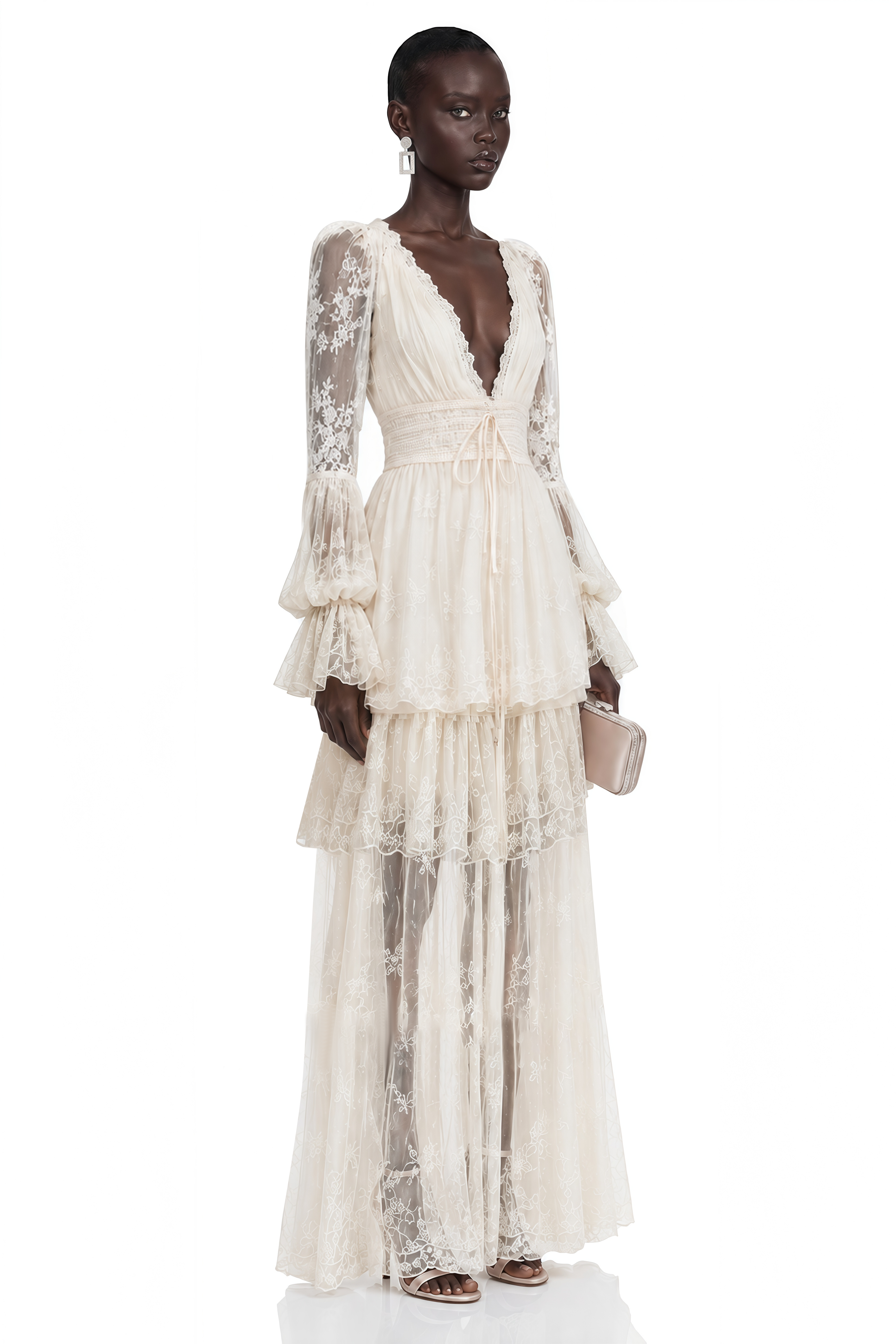 Ocean Cream Lace Ruffled Maxi Dress