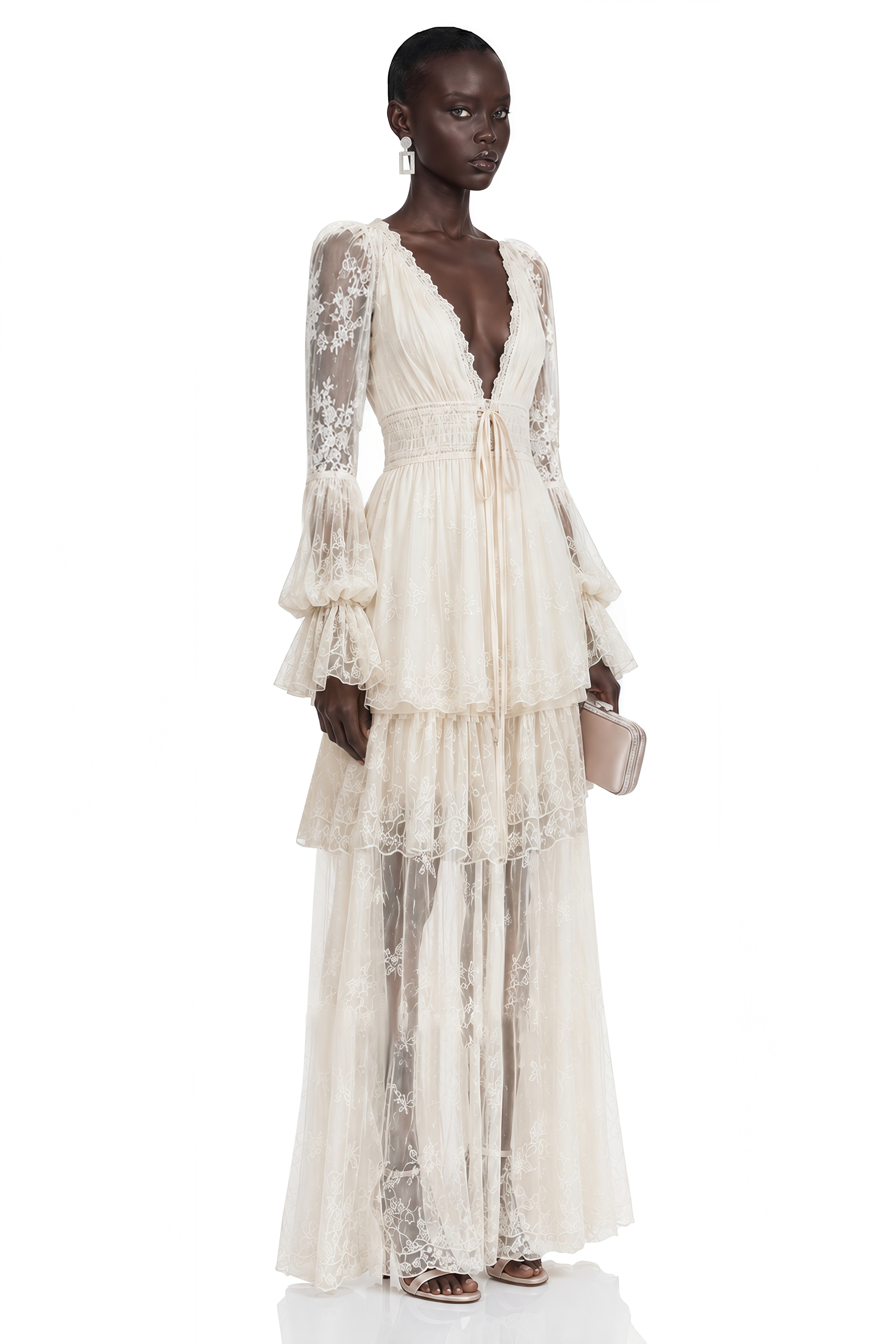 Ocean Cream Lace Ruffled Maxi Dress