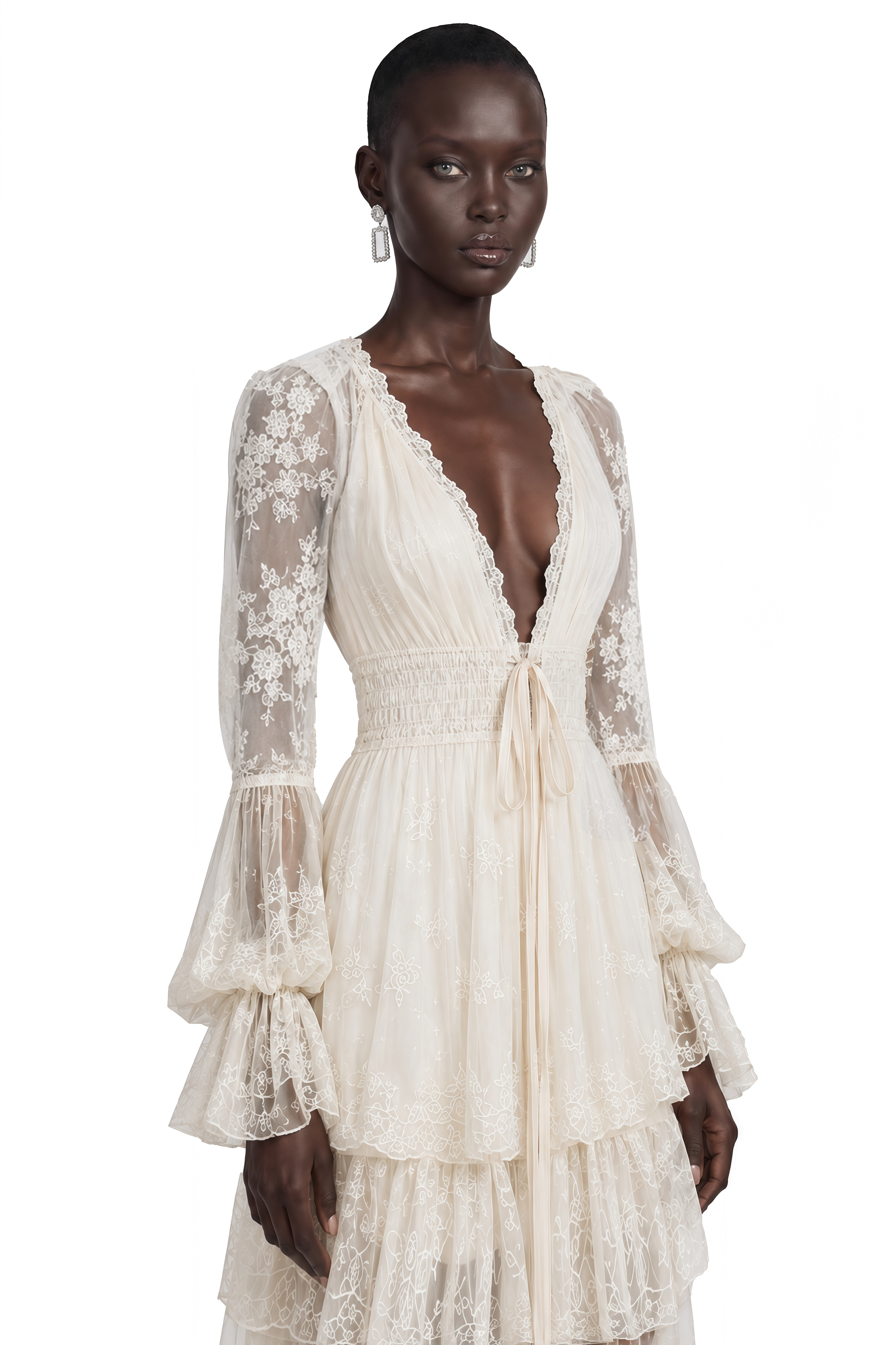Ocean Cream Lace Ruffled Maxi Dress