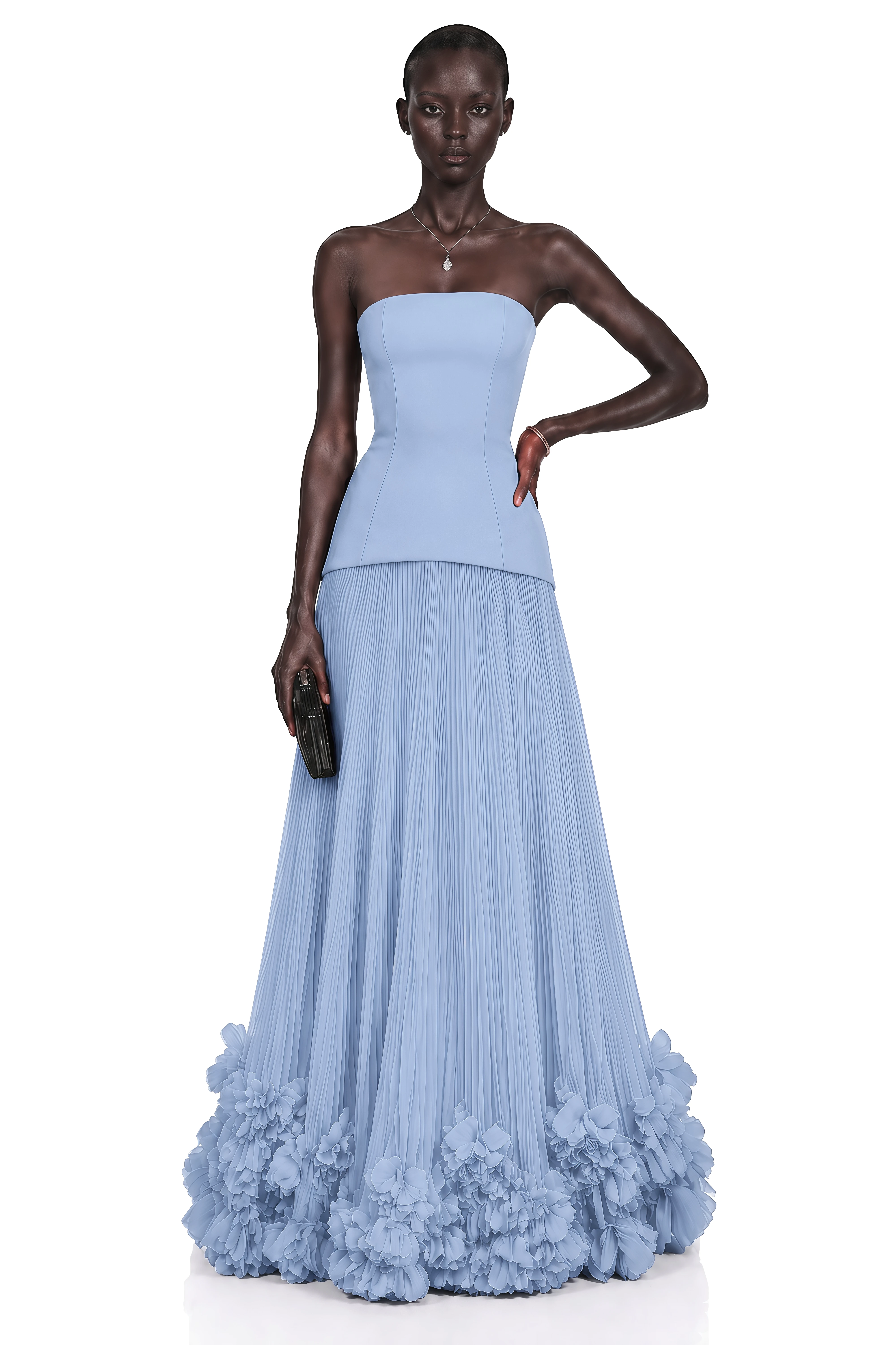 Océane Blue Off Shoulder Pleated Maxi Dress with 3D Florals