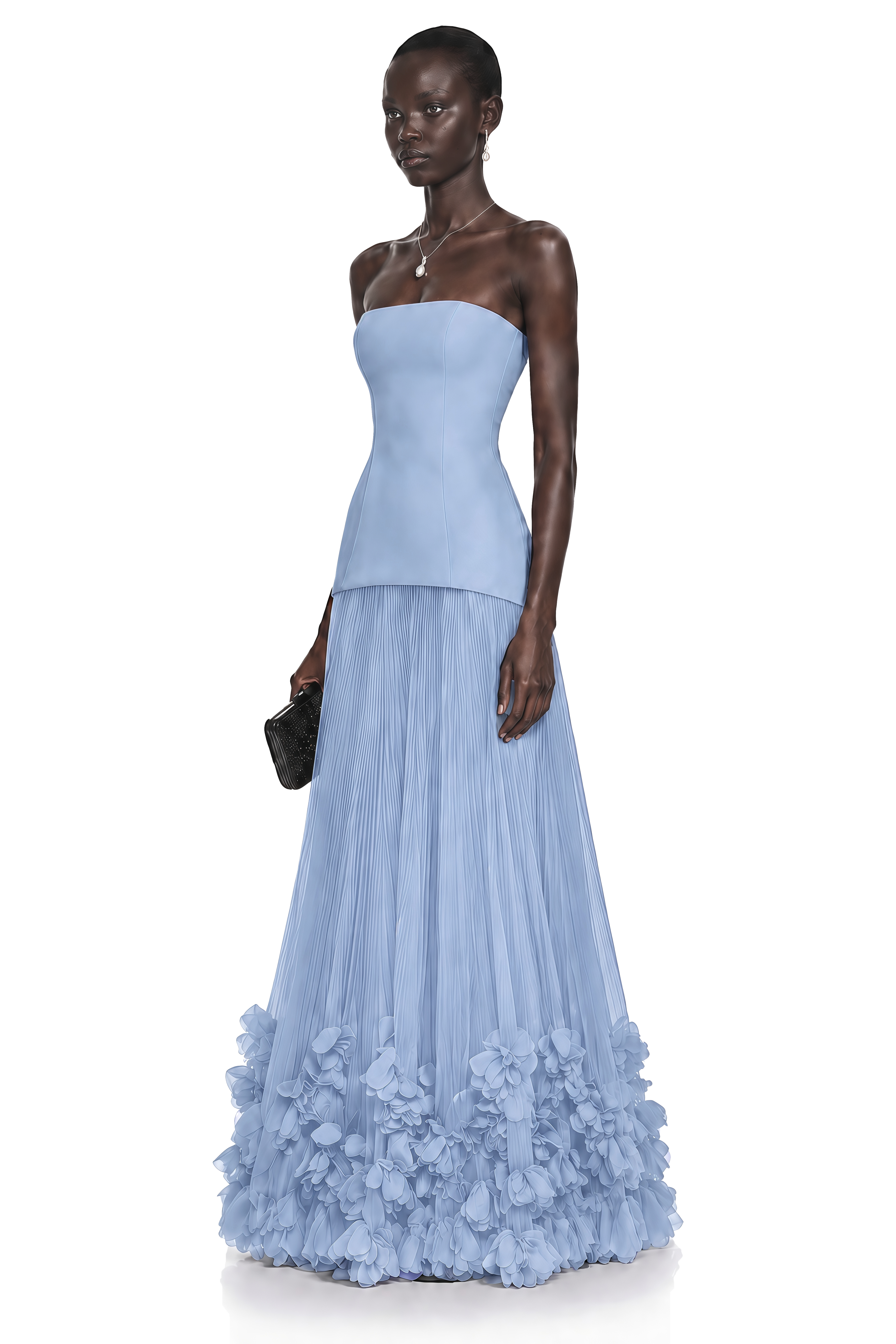 Océane Blue Off Shoulder Pleated Maxi Dress with 3D Florals