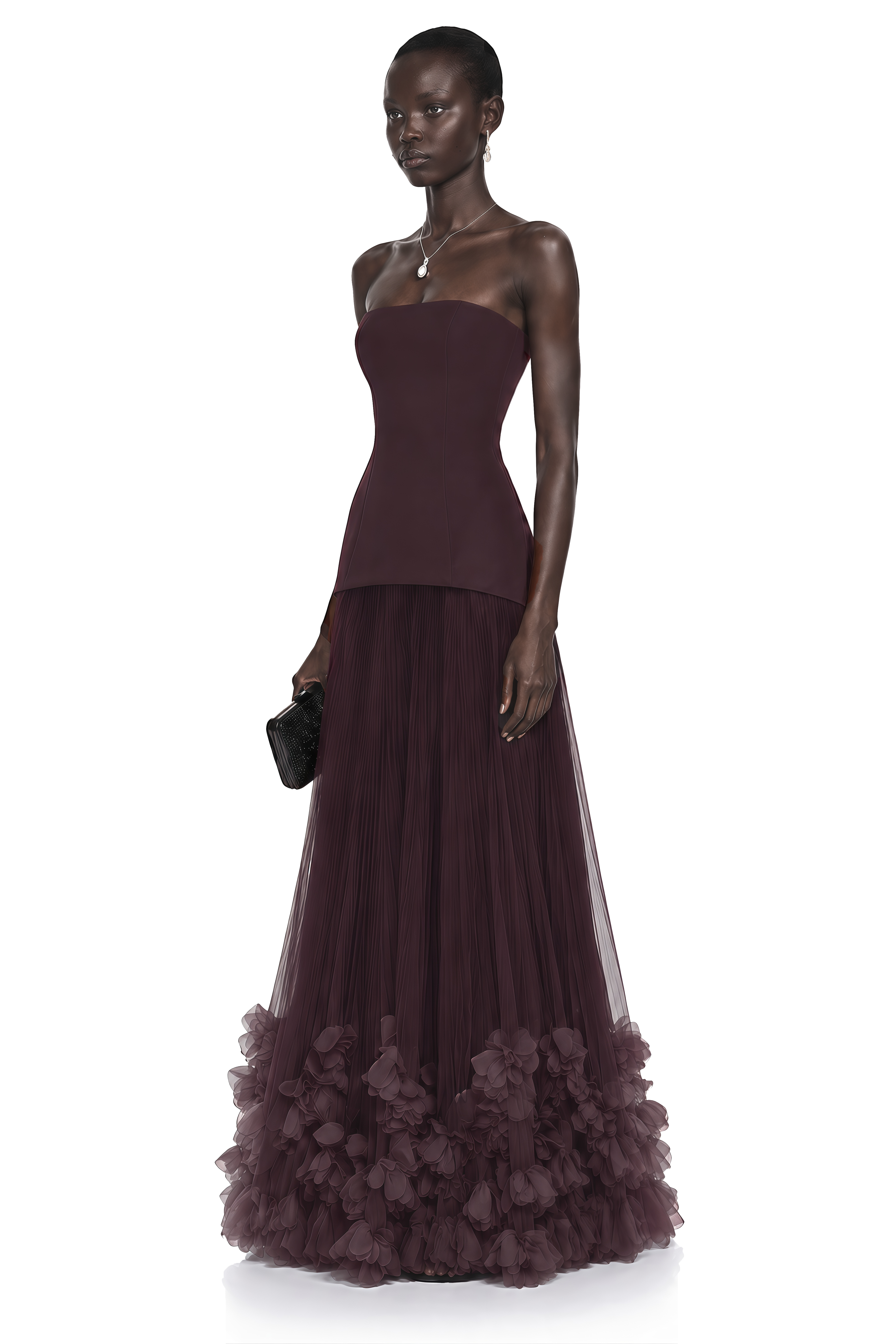 Océane Brown Off Shoulder Pleated Maxi Dress with 3D Florals