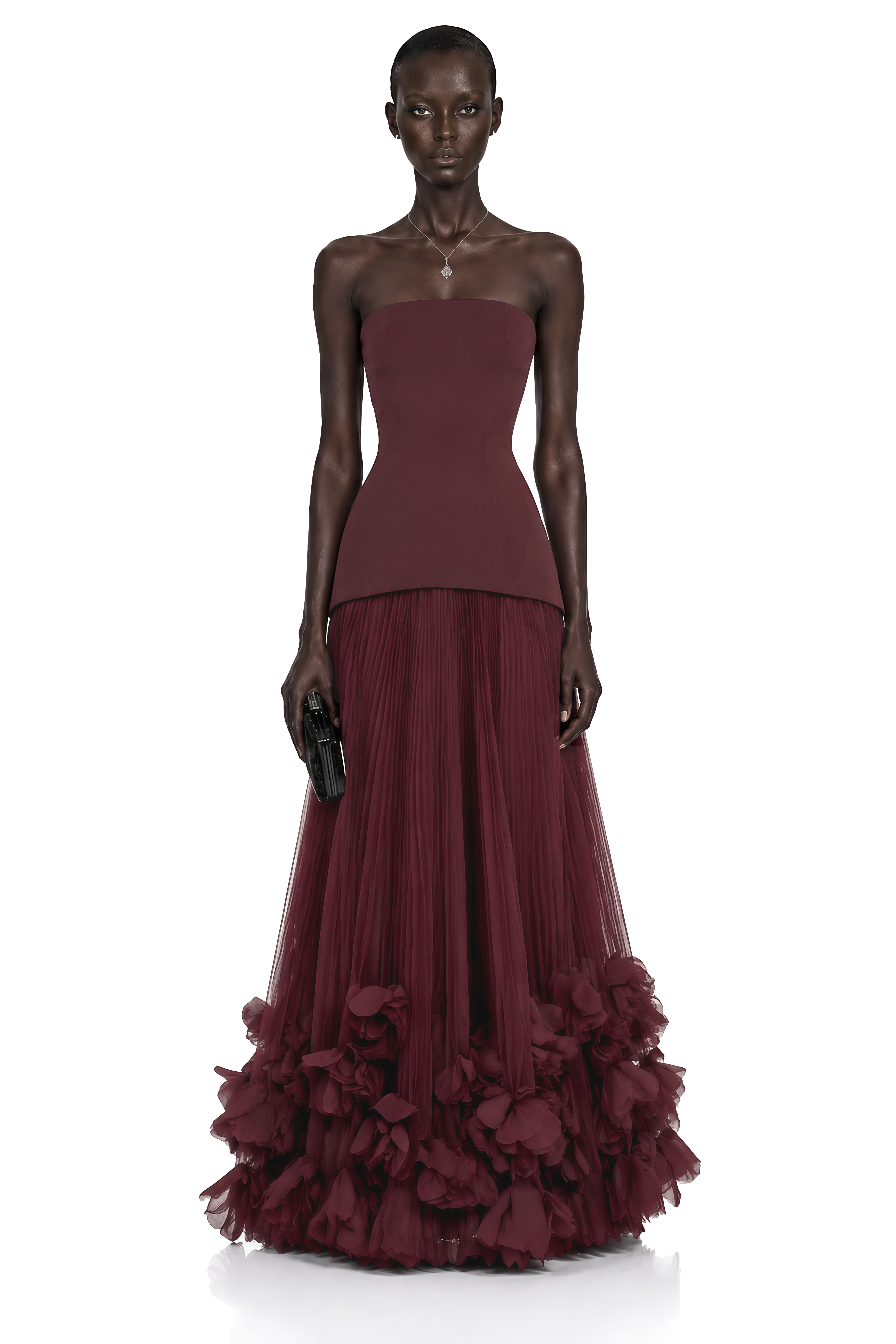 Océane Burgundy Off Shoulder Pleated Maxi Dress with 3D Florals