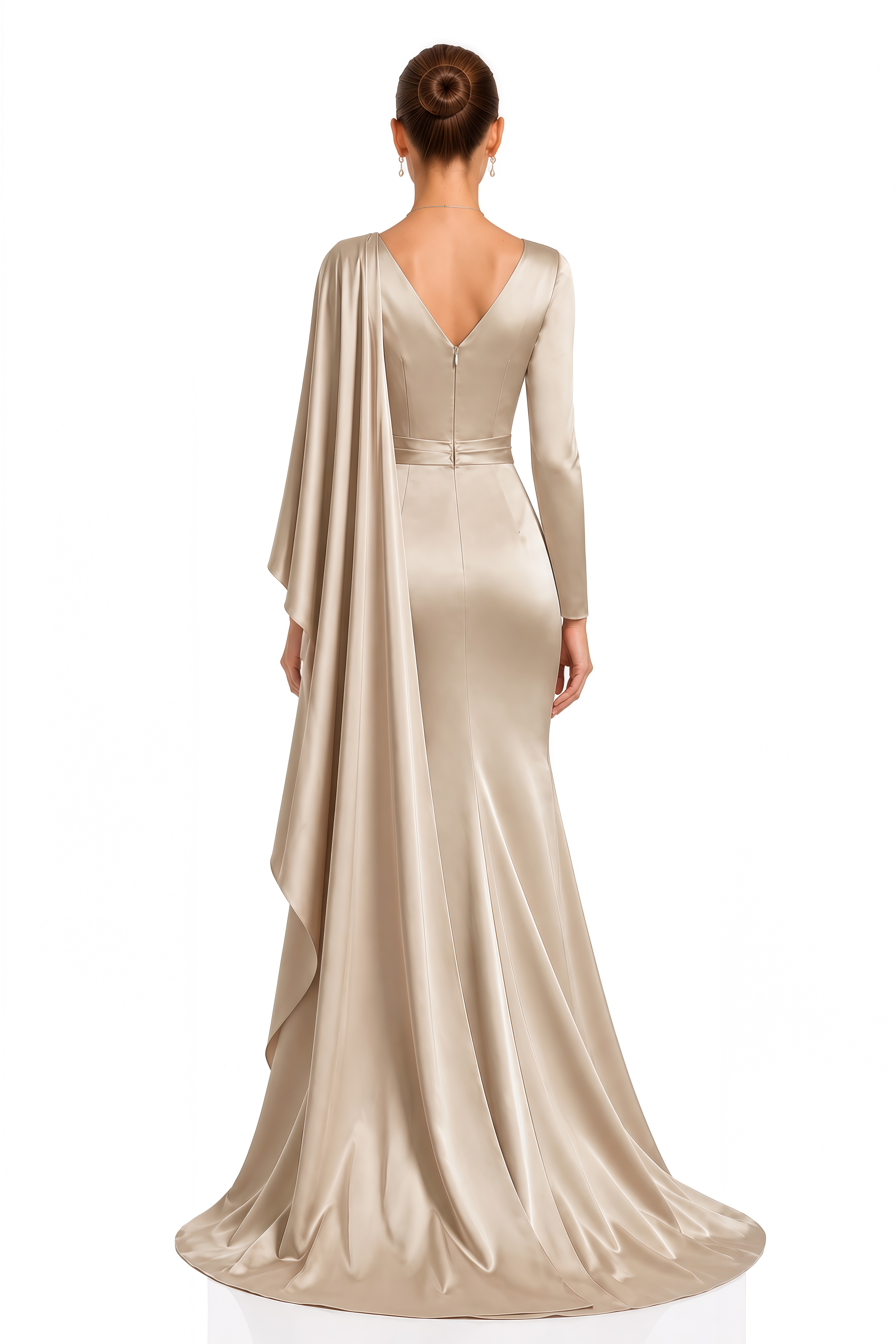 Octavia Champagne Draped Cape Sleeve Satin Maxi Dress