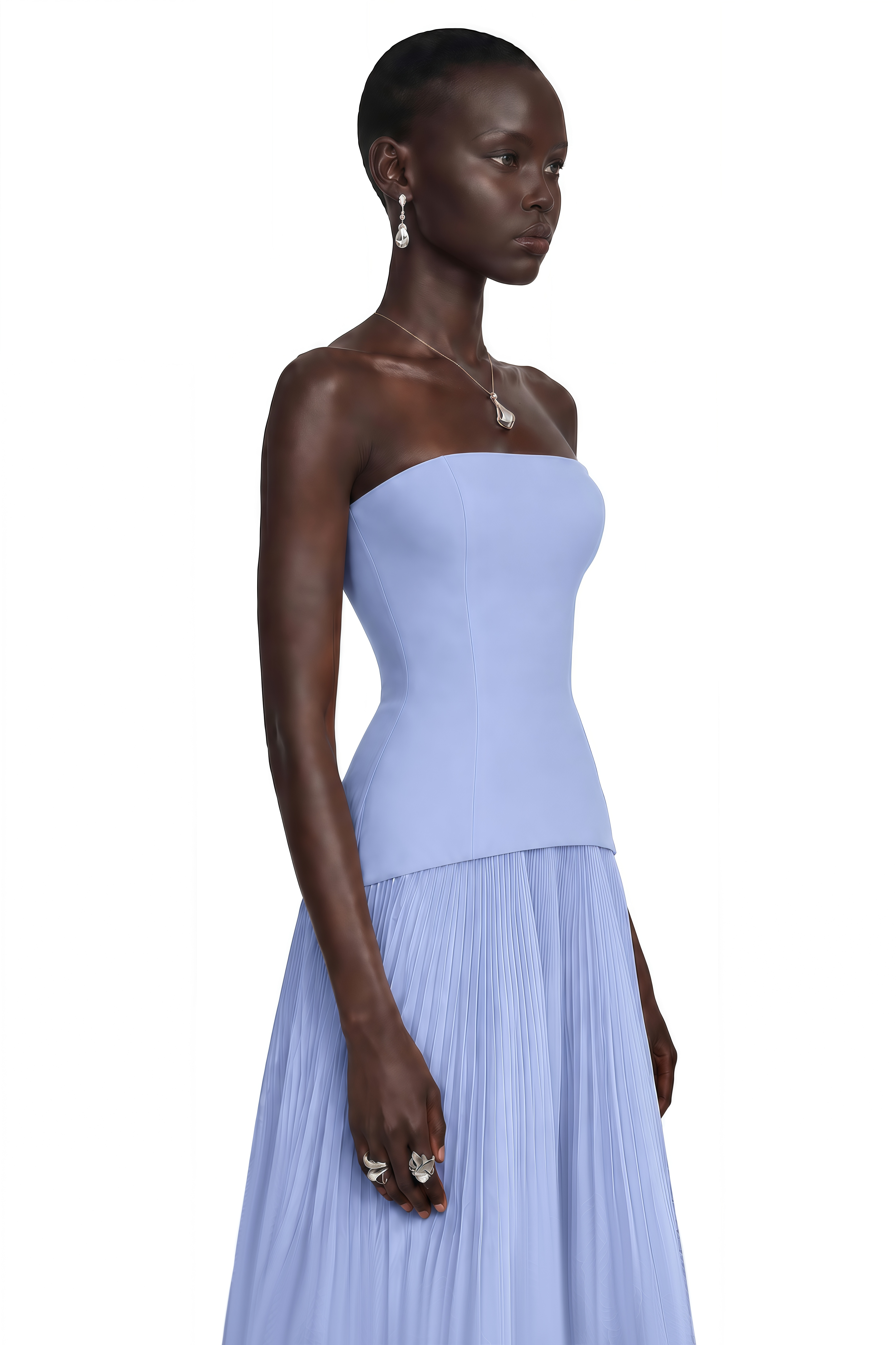 Océane Blue Off Shoulder Pleated Maxi Dress with 3D Florals – Miss
