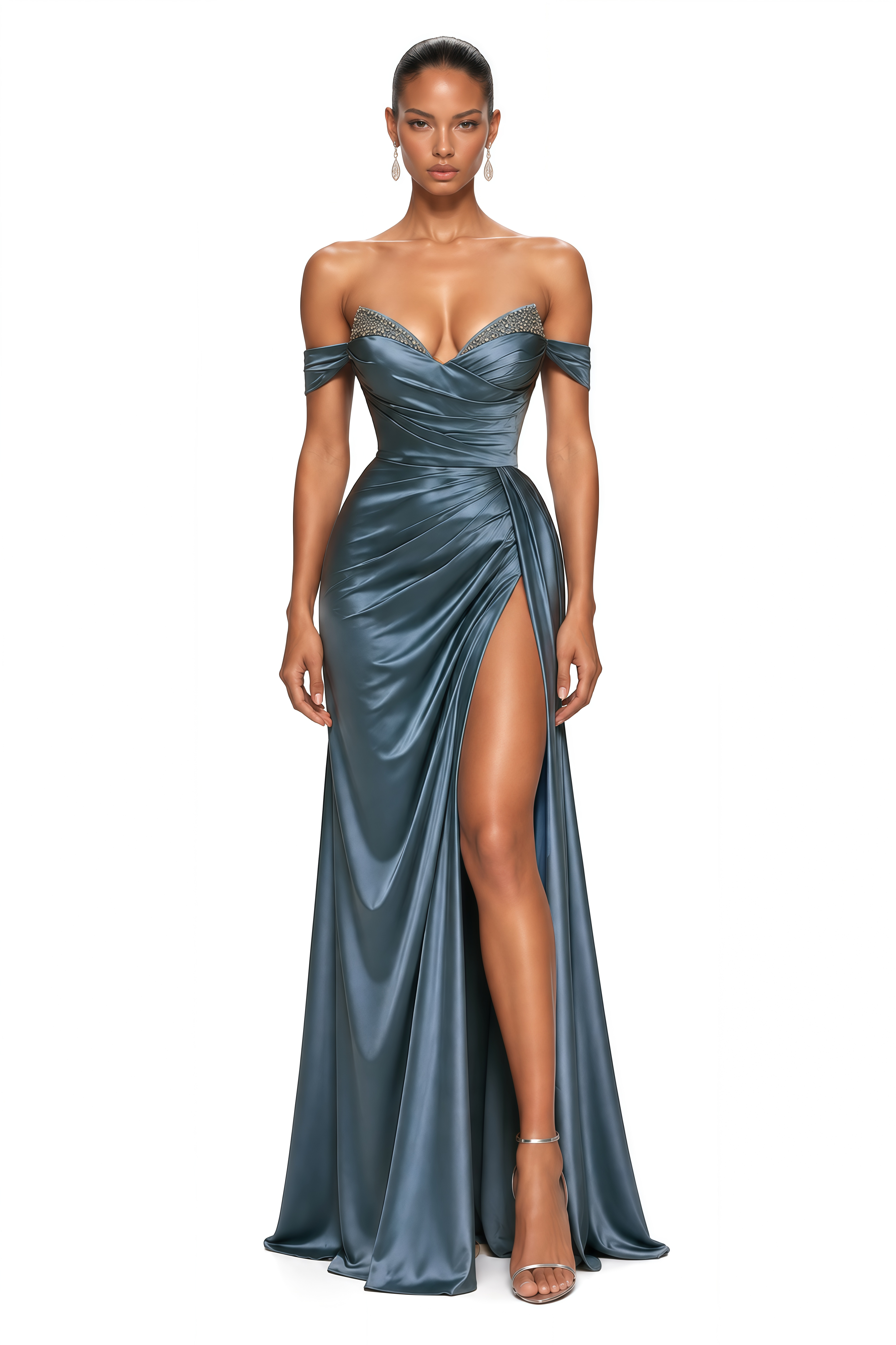 Odelie Blue Crystal Trim Off Shoulder Maxi Gown