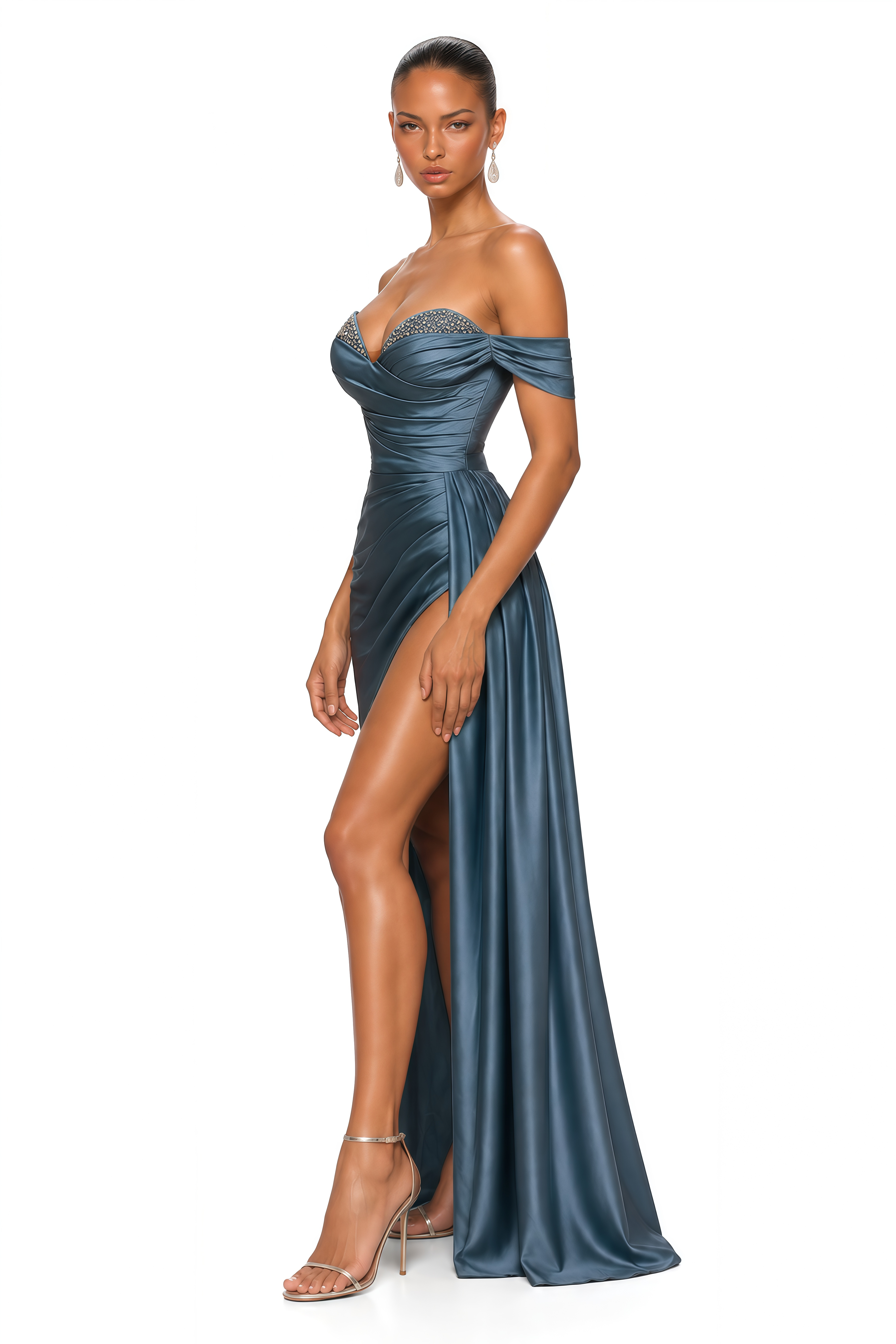 Odelie Blue Crystal Trim Off Shoulder Maxi Gown