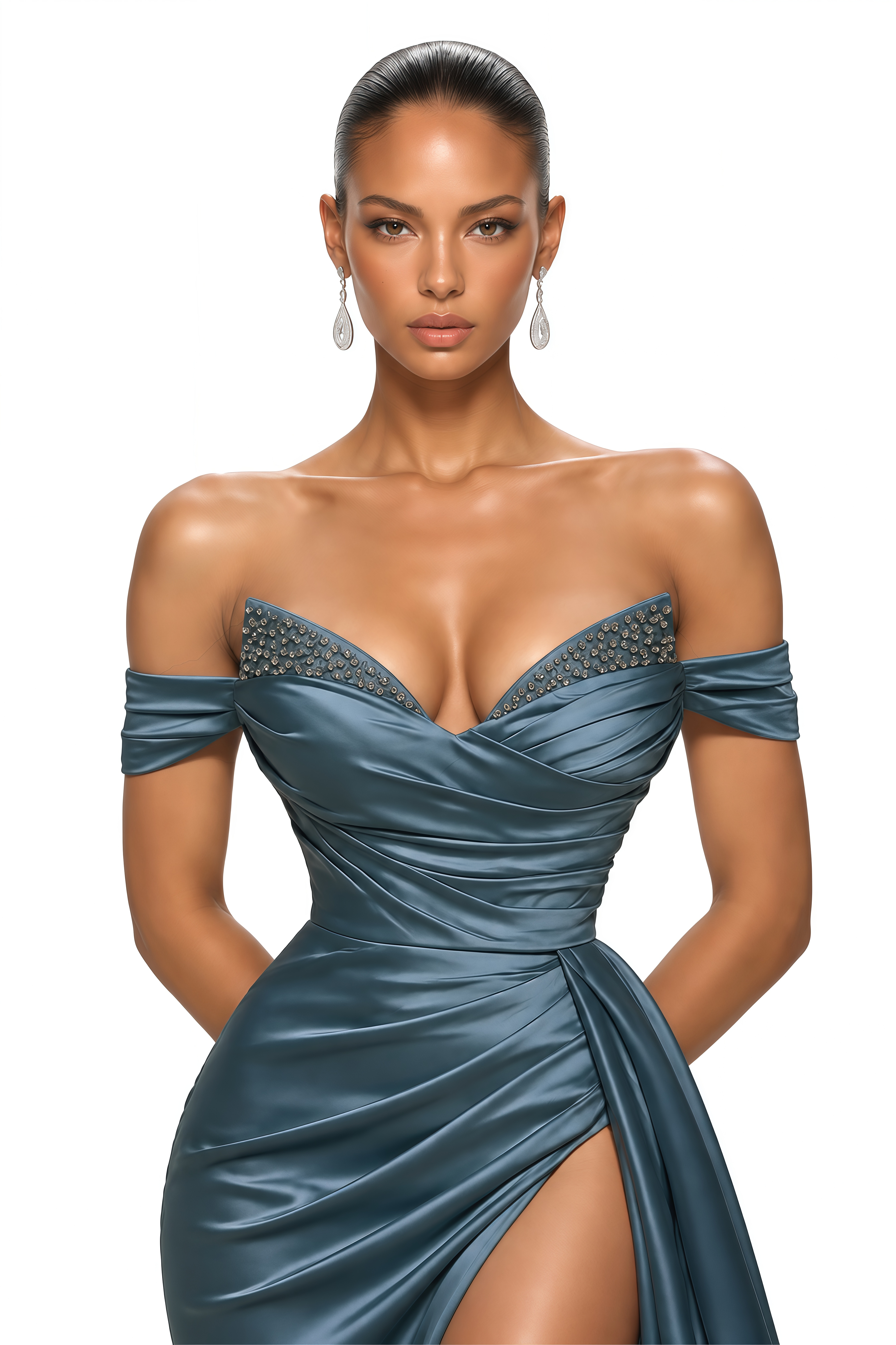 Odelie Blue Crystal Trim Off Shoulder Maxi Gown