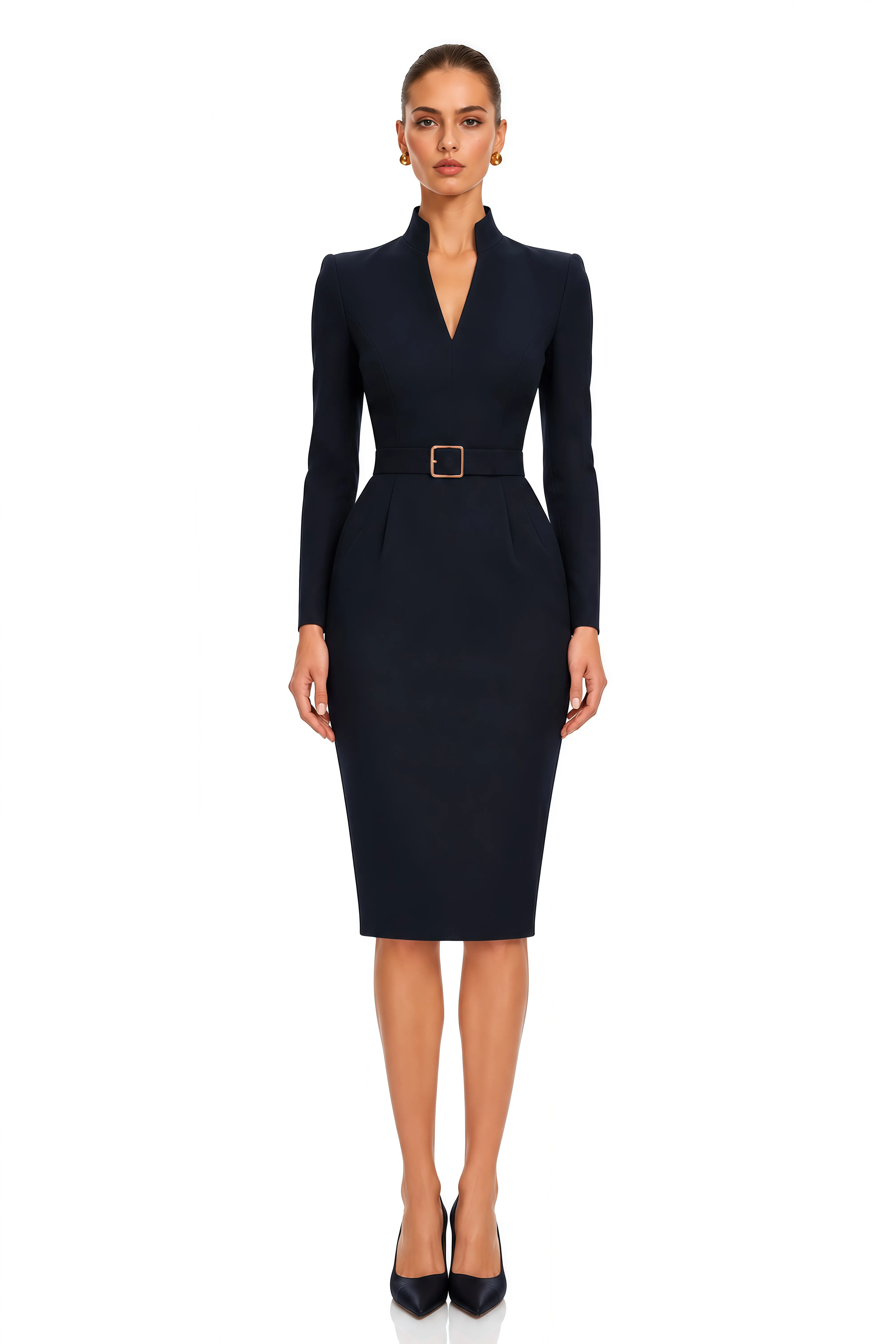 Odette Black Belted Stand Collar Midi Dress