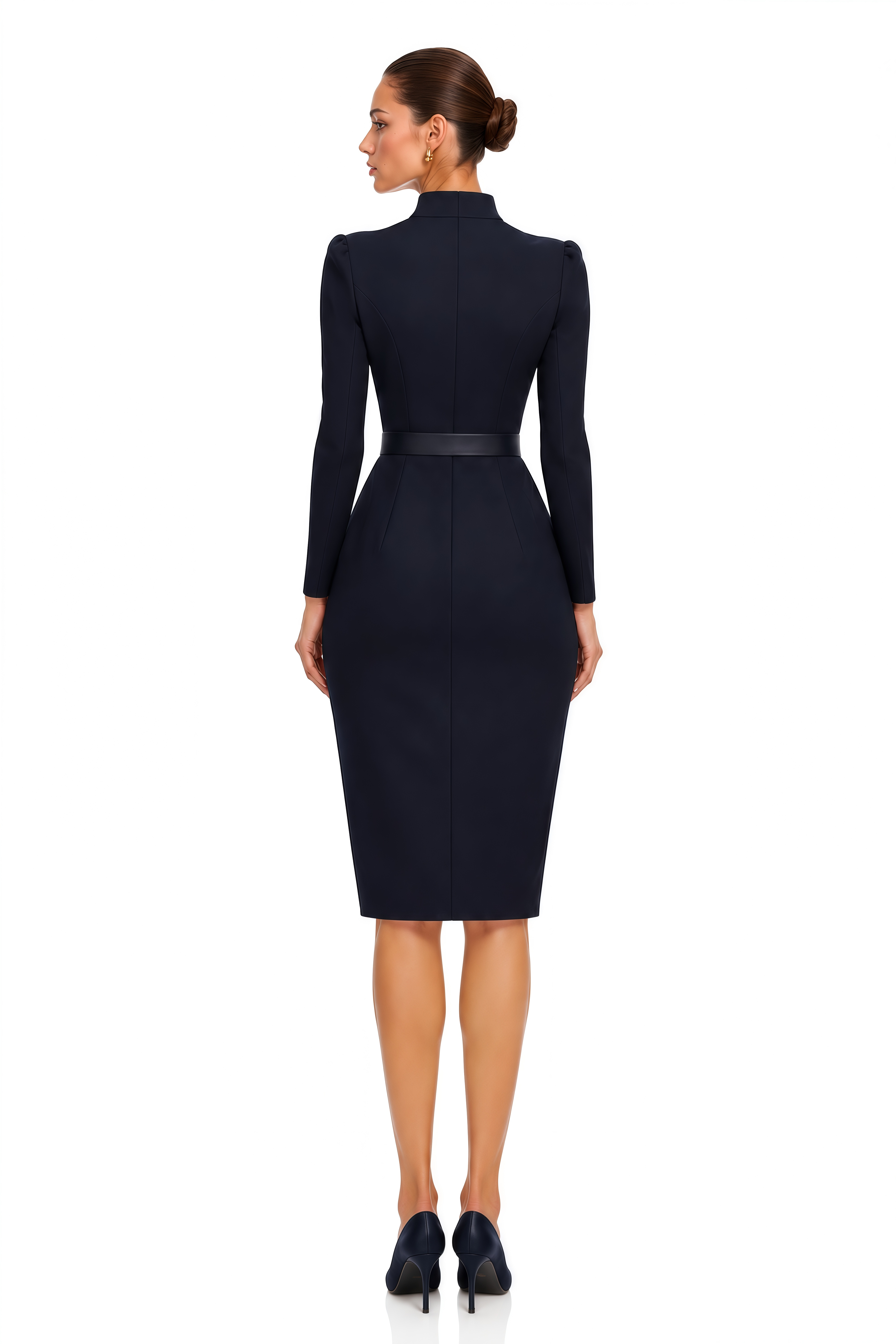 Odette Black Belted Stand Collar Midi Dress