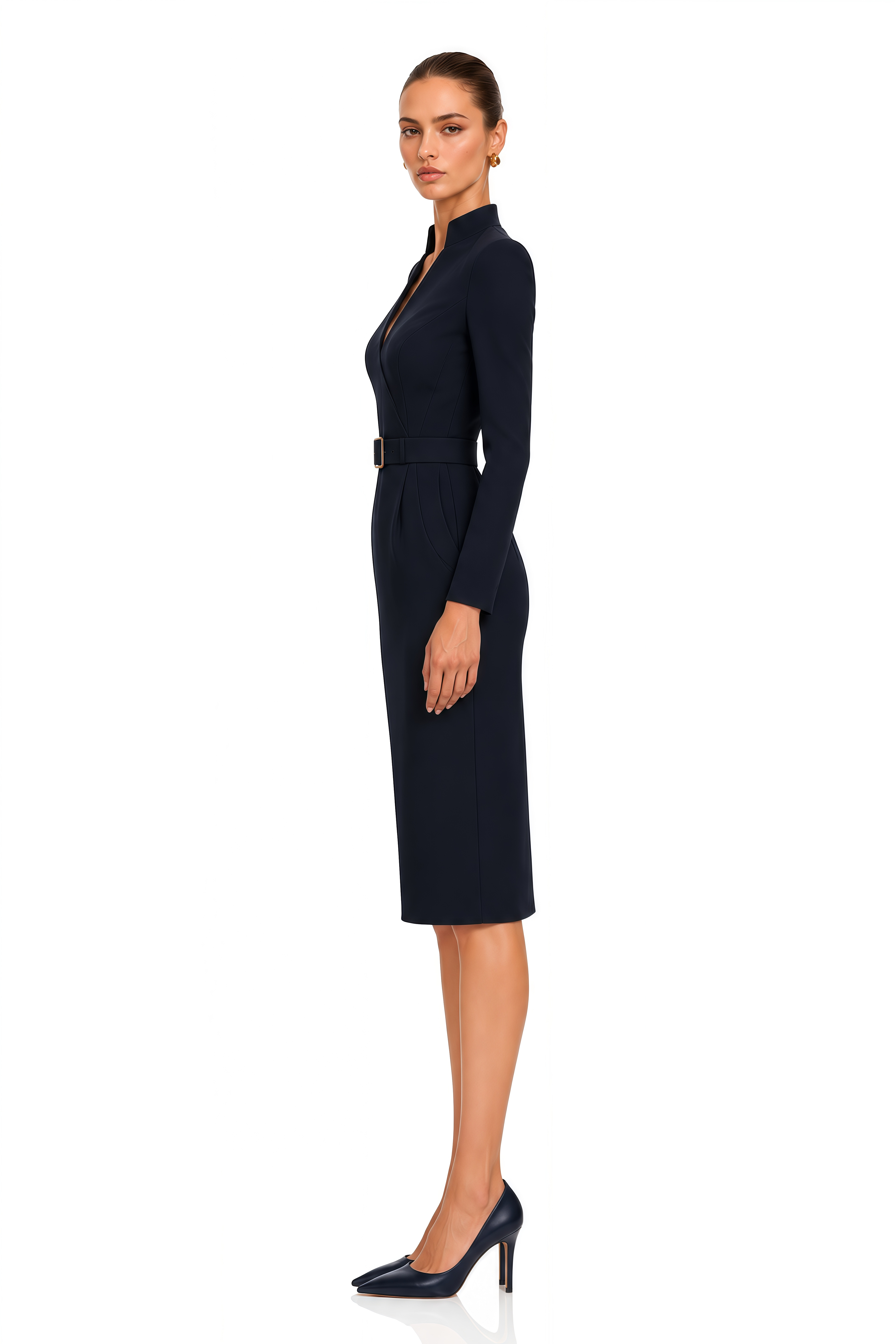 Odette Black Belted Stand Collar Midi Dress